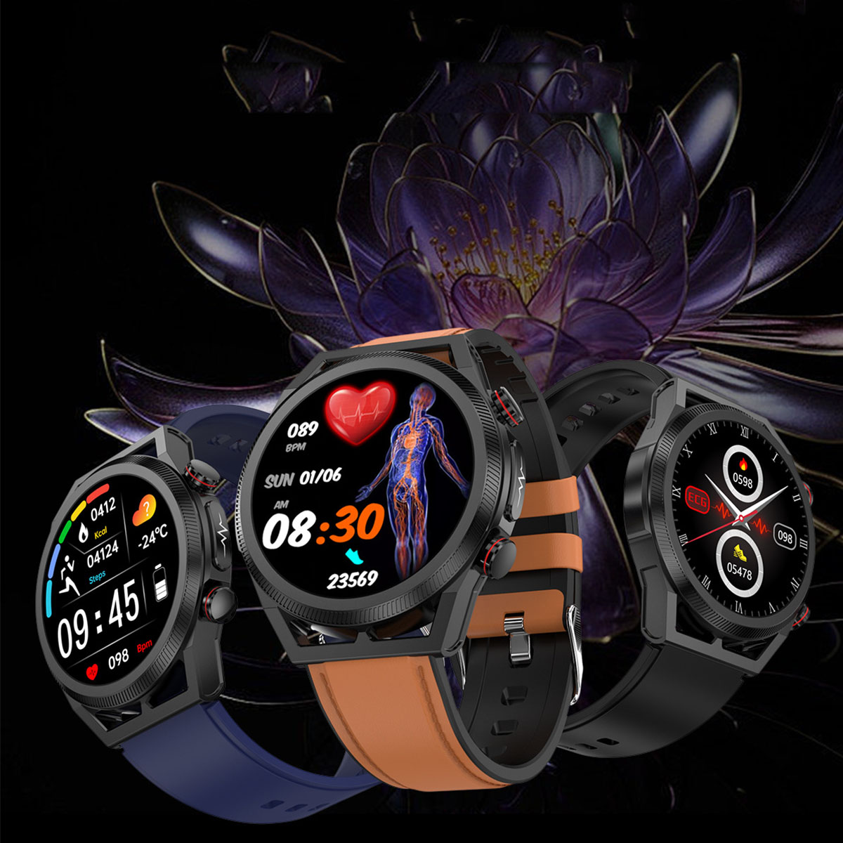 Drei Smartwatches mit verschiedenen Zifferblättern, braunen und schwarzen Armbändern.