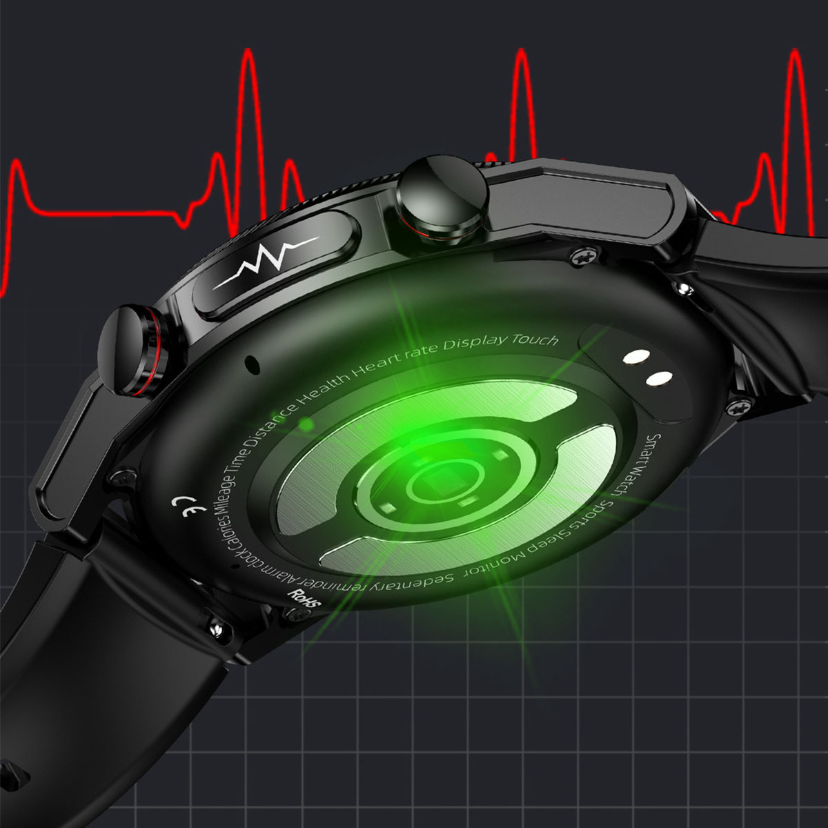 Schwarze Smartwatch, Rückansicht, grünes Licht leuchtet. Herzfrequenz-Diagramm im Hintergrund.