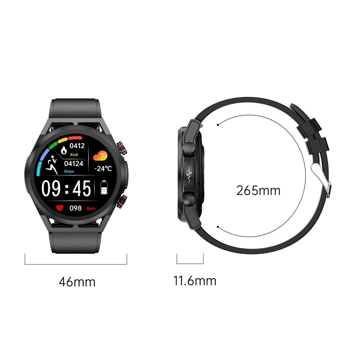 Schwarze Smartwatch mit verschiedenen Datenanzeigen. Seitenansicht zeigt Armband und Maße. Das Zifferblatt ist rund.
