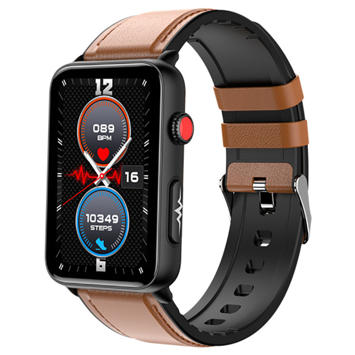 Schwarze Smartwatch mit braunem Lederarmband, Anzeige von Herzfrequenz und Schritten.