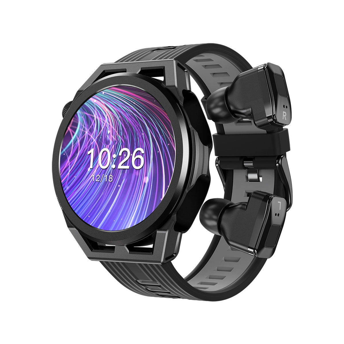 Eine schwarze Smartwatch mit Kopfhörern, die Uhrzeit und Datum anzeigt.