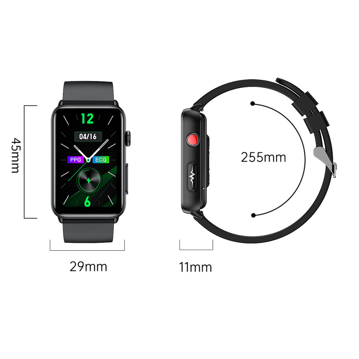 Schwarze Smartwatch, Seiten- und Vorderansicht, mit Maßangaben.