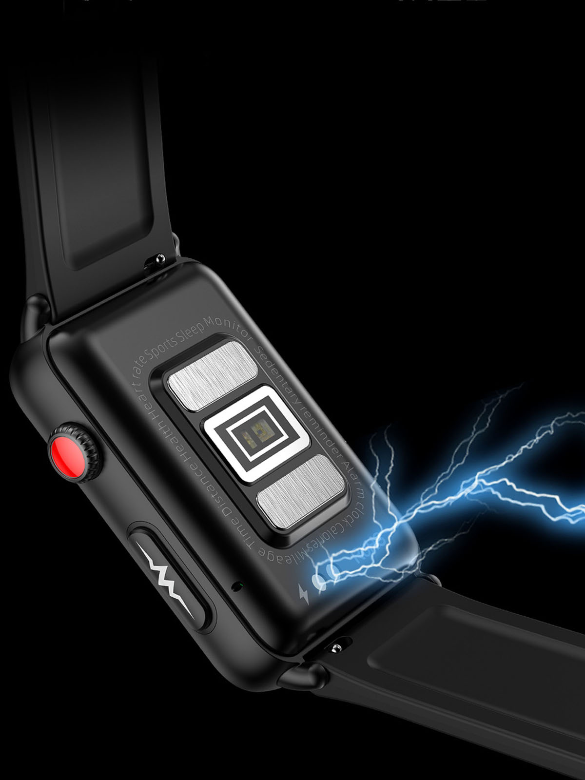 Schwarze Smartwatch, die Zeit und Gesundheitsdaten anzeigt. Schwarzes Armband und roter Knopf. Beleuchtetes Display.