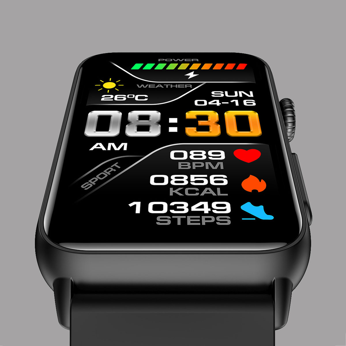 Smartwatch-Bildschirm mit Zeit, Wetter, BPM, Schritten und anderen Fitnessdaten.