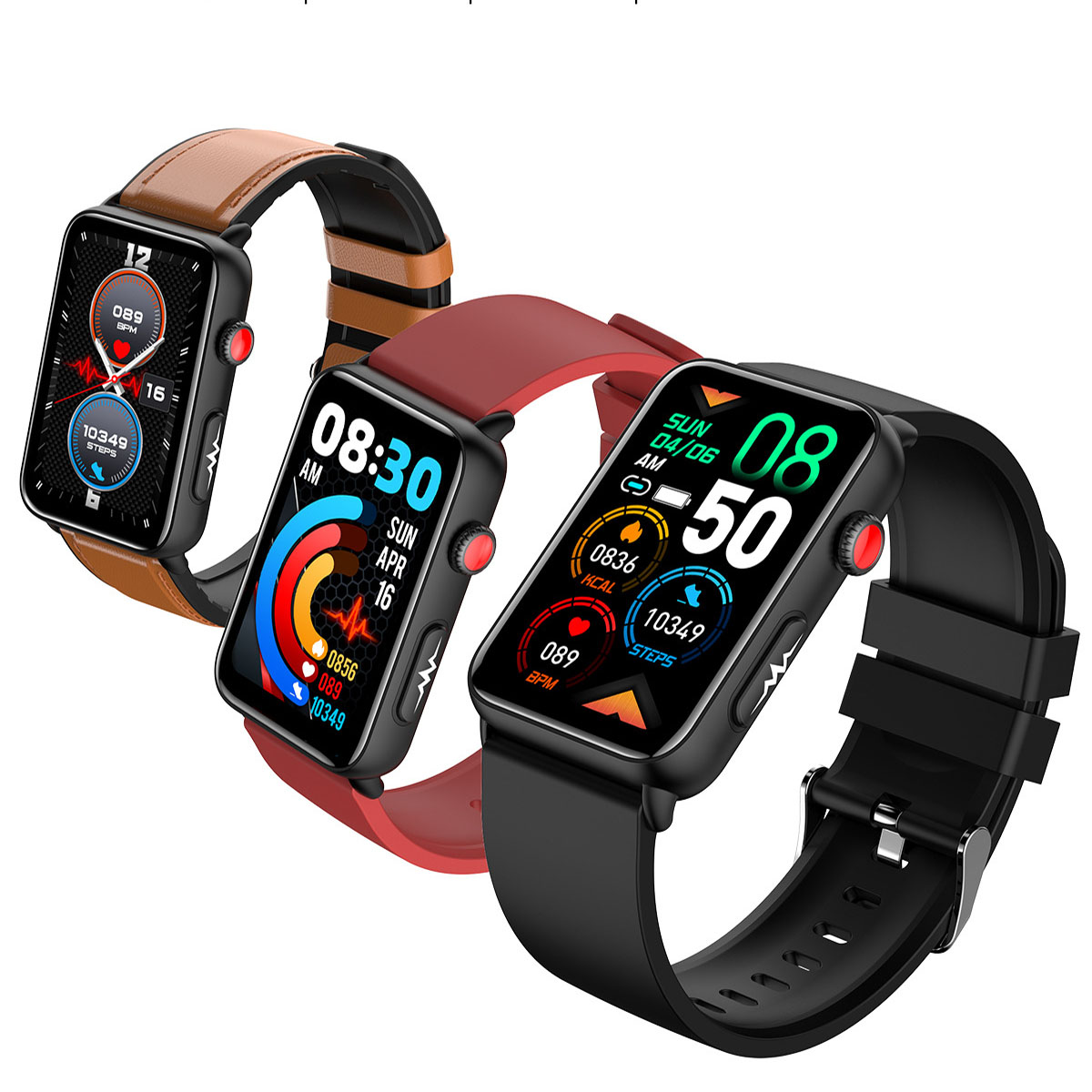 Drei Smartwatches mit verschiedenen Armbändern. Sie sind schwarz, braun und rot. Displays zeigen Infos.