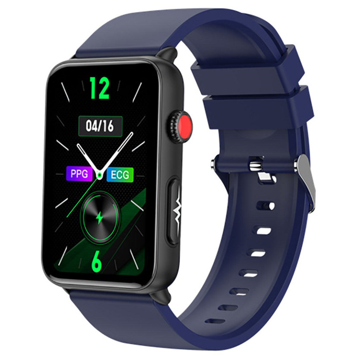 Smartwatch mit schwarzem Gehäuse, blauem Armband und Bildschirm, der Zeit und Gesundheitsdaten anzeigt.