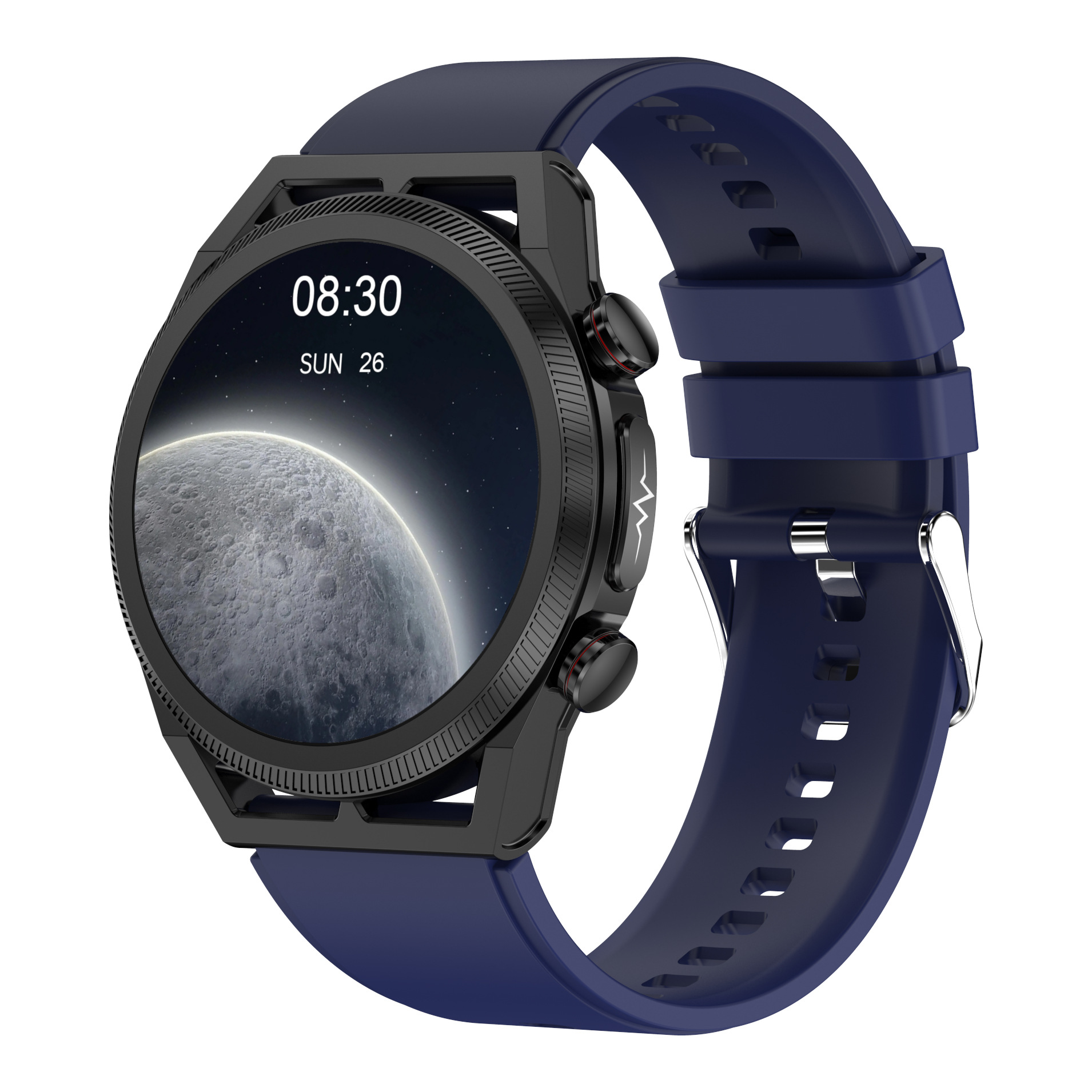 Smartwatch mit schwarzer Lünette, blauem Armband und Mondphasenanzeige. Zeigt 08:30, Sonntag 26.