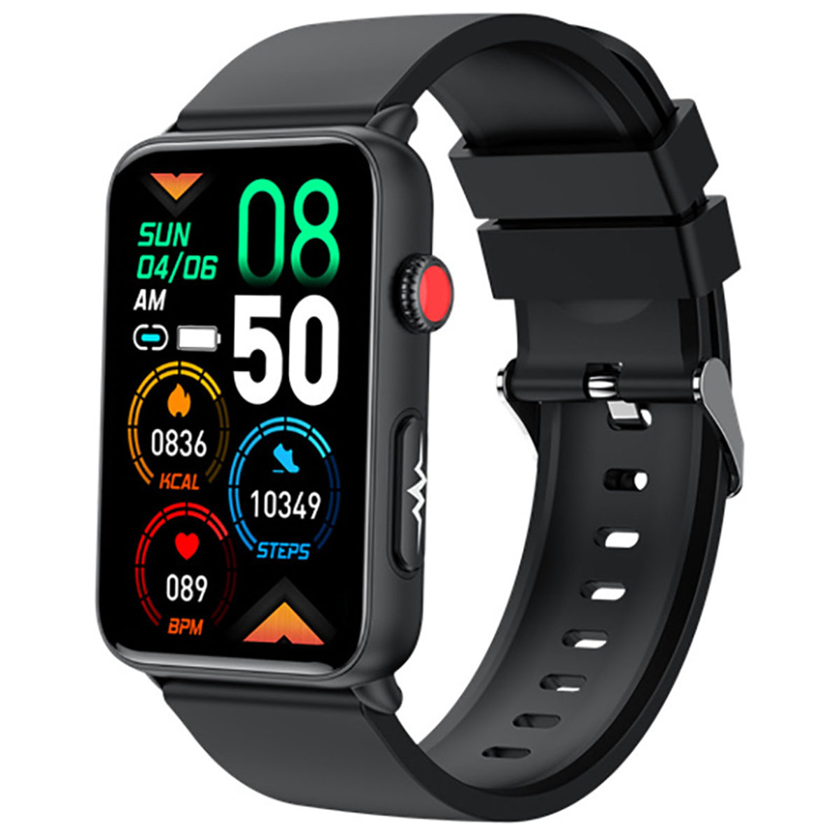 Eine schwarze Smartwatch mit schwarzem Armband, die Uhrzeit, Schritte und Herzfrequenz anzeigt. Der Hintergrund ist weiß.