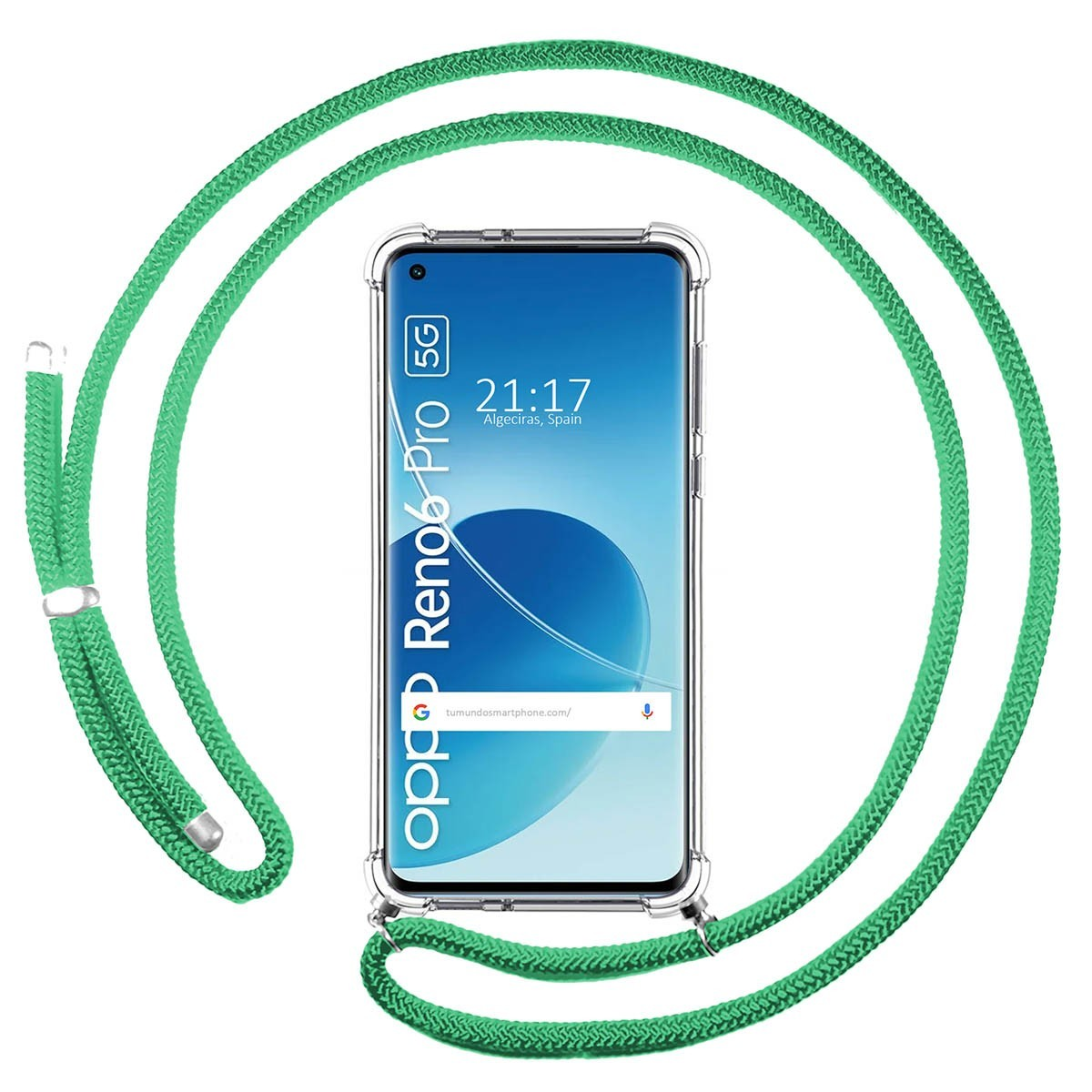 Cordón de teléfono verde adjunto a una funda que muestra la pantalla del teléfono.