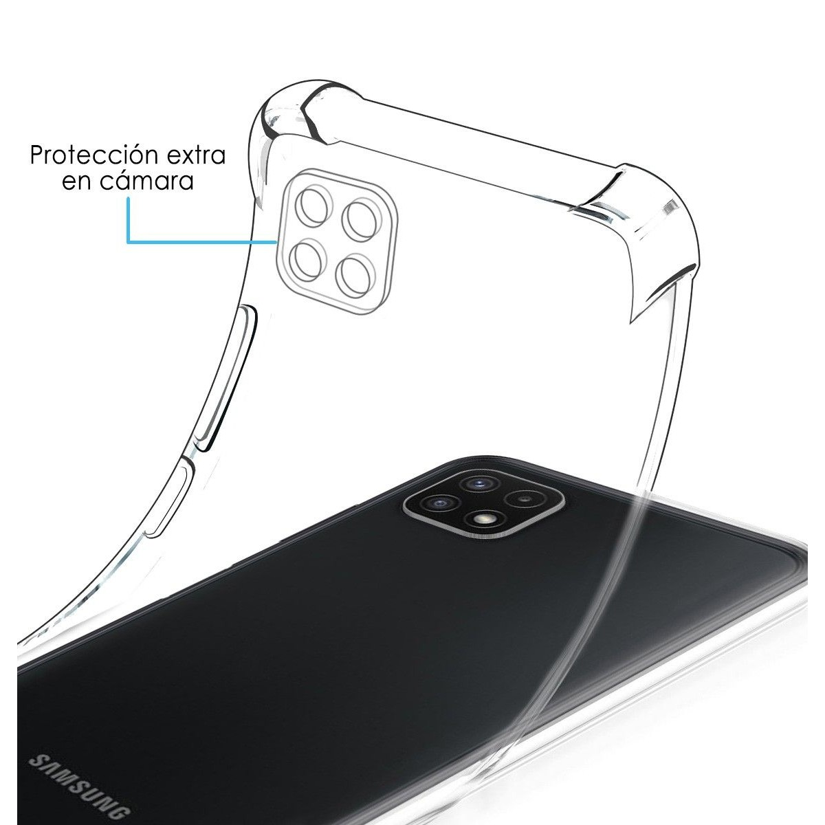 Custodia trasparente con design di fotocamera protettiva.