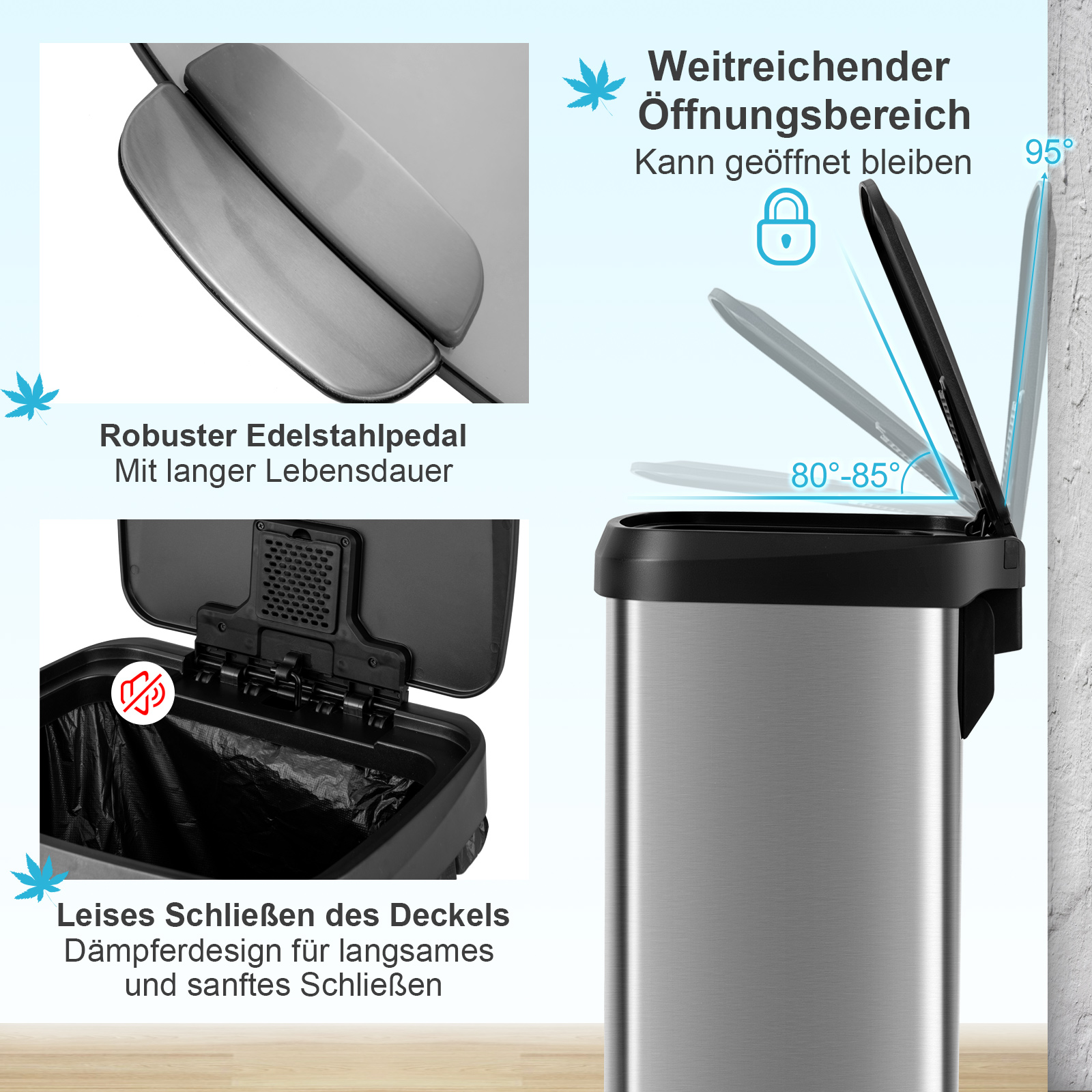 Mülleimer mit Details. Er hat ein Edelstahlpedal, einen Deckel und einen Müllsack im Inneren.