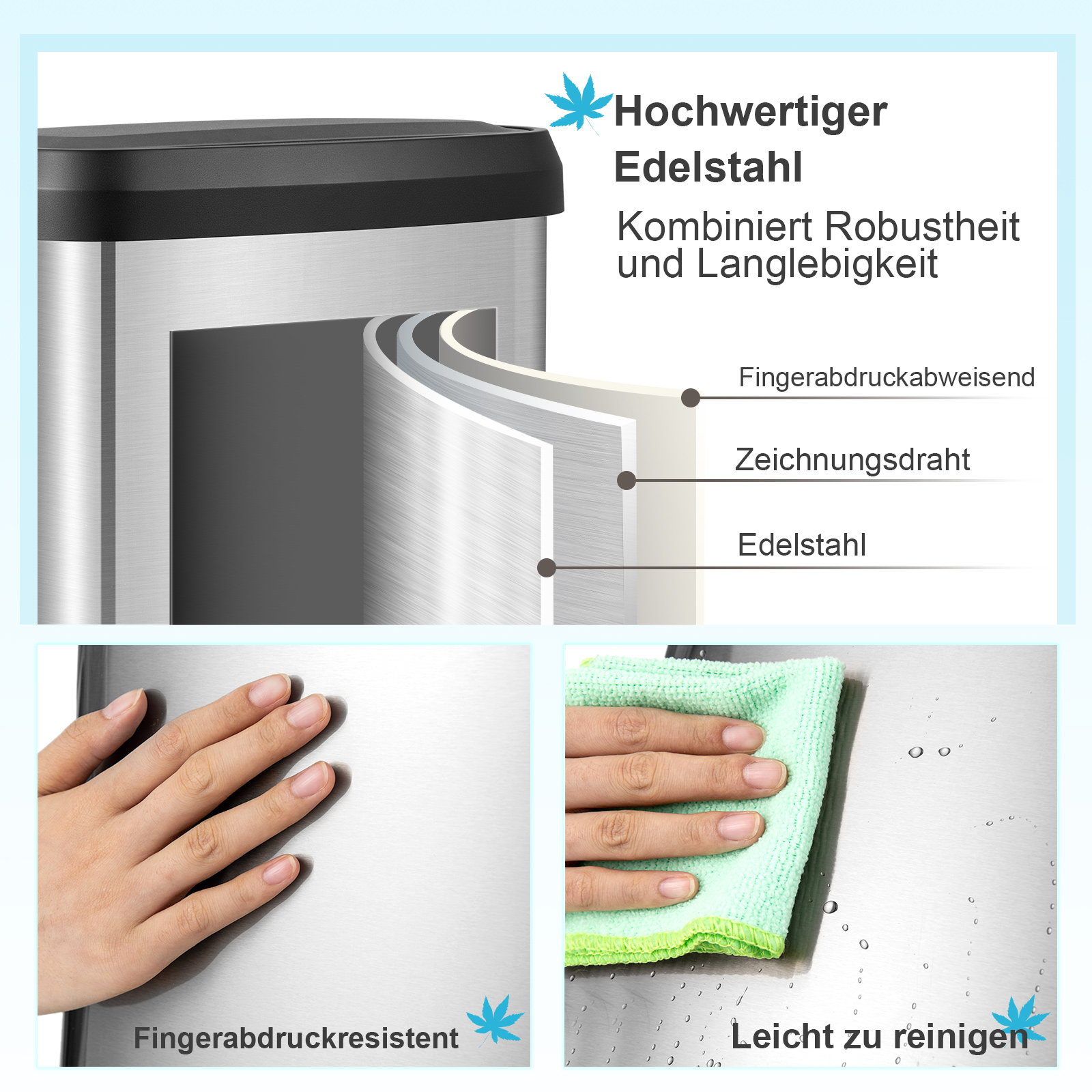 Edelstahl-Mülleimer mit Beschriftungen. Die Abbildung zeigt ein Diagramm, das die Schichten und Materialien darstellt.