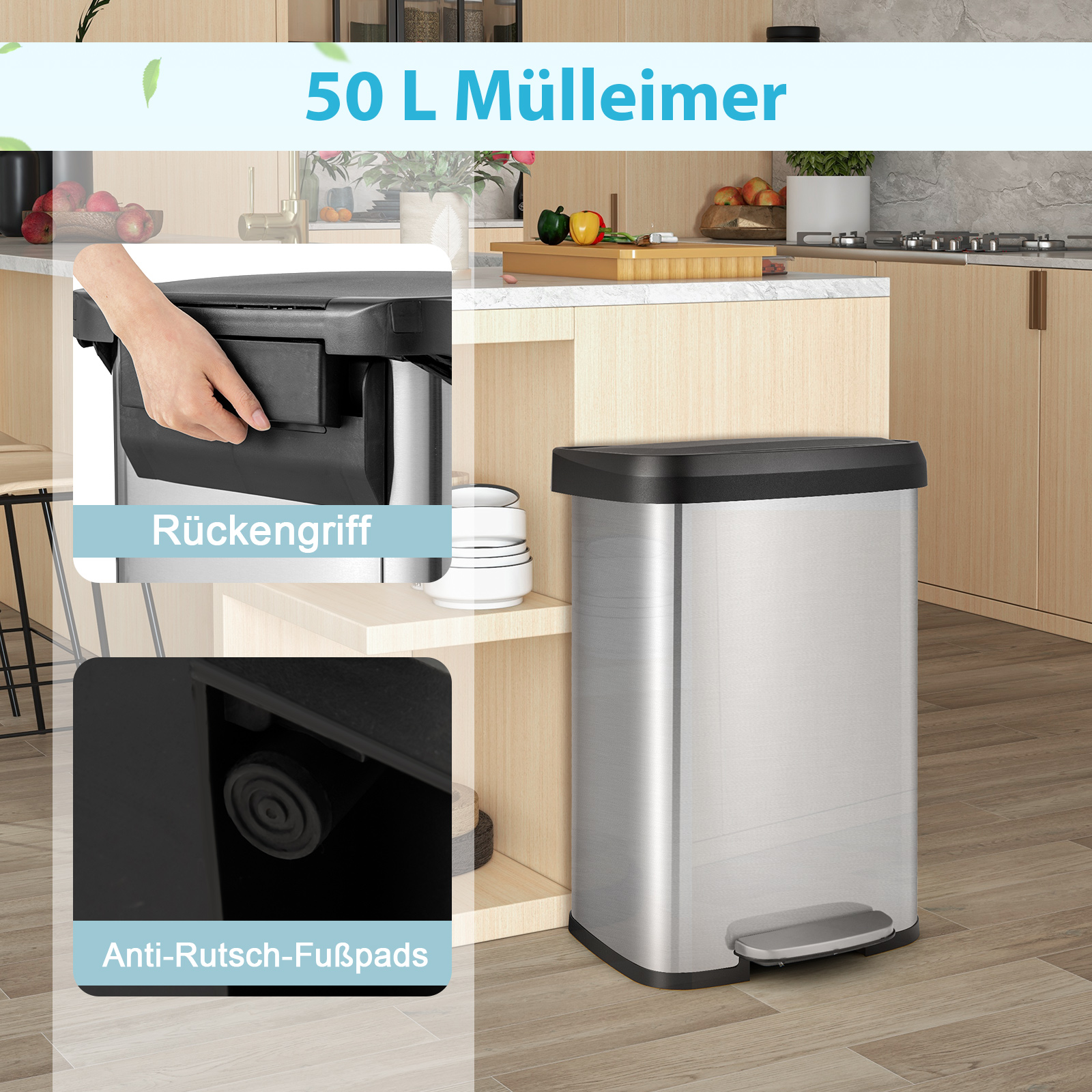 Mülleimer aus Edelstahl mit schwarzem Deckel und Fußpedal. Nahaufnahme eines Griffs und Anti-Rutsch-Pads.
