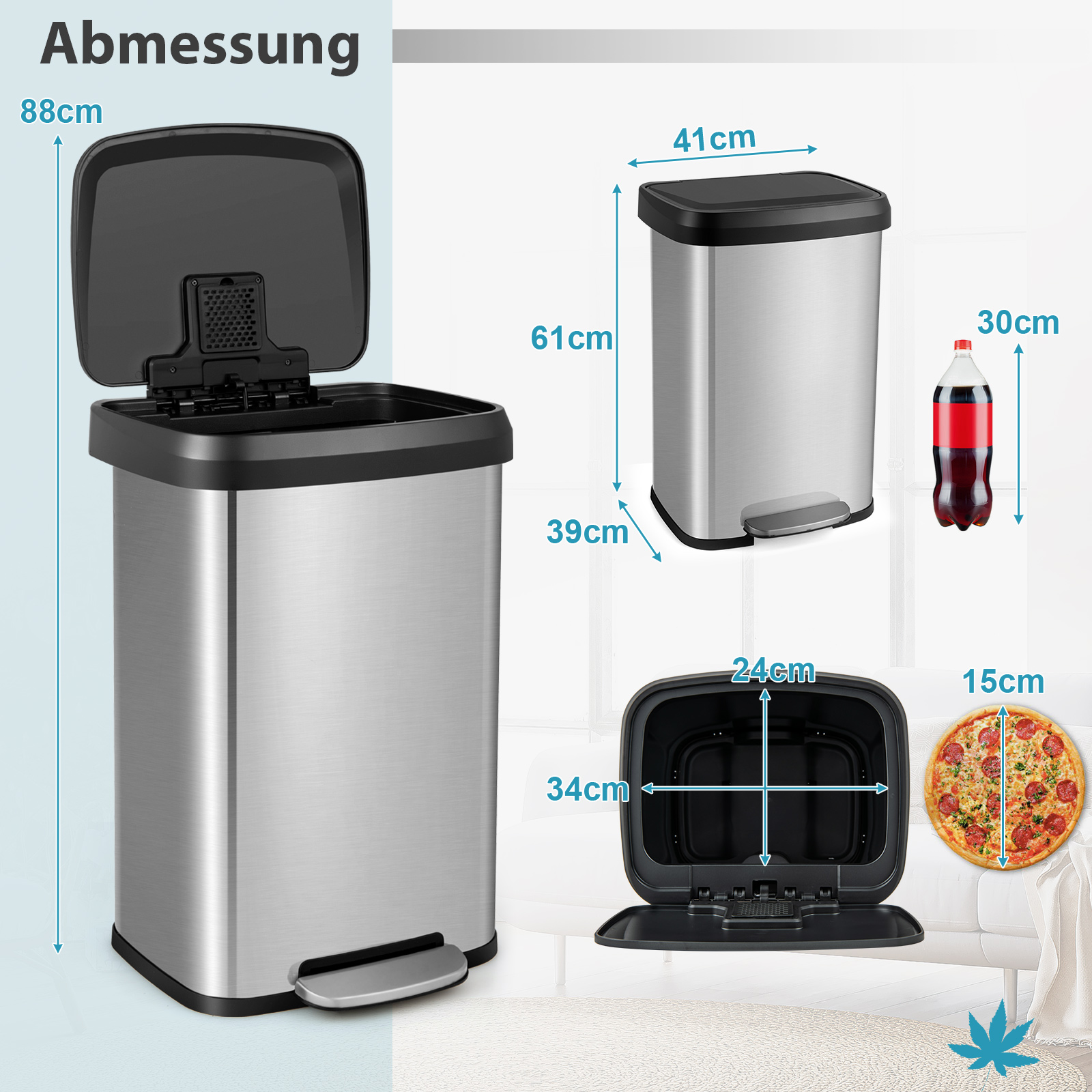 Edelstahl-Mülleimer mit offenem Deckel, Abmessungen werden angezeigt und eine Pizza.