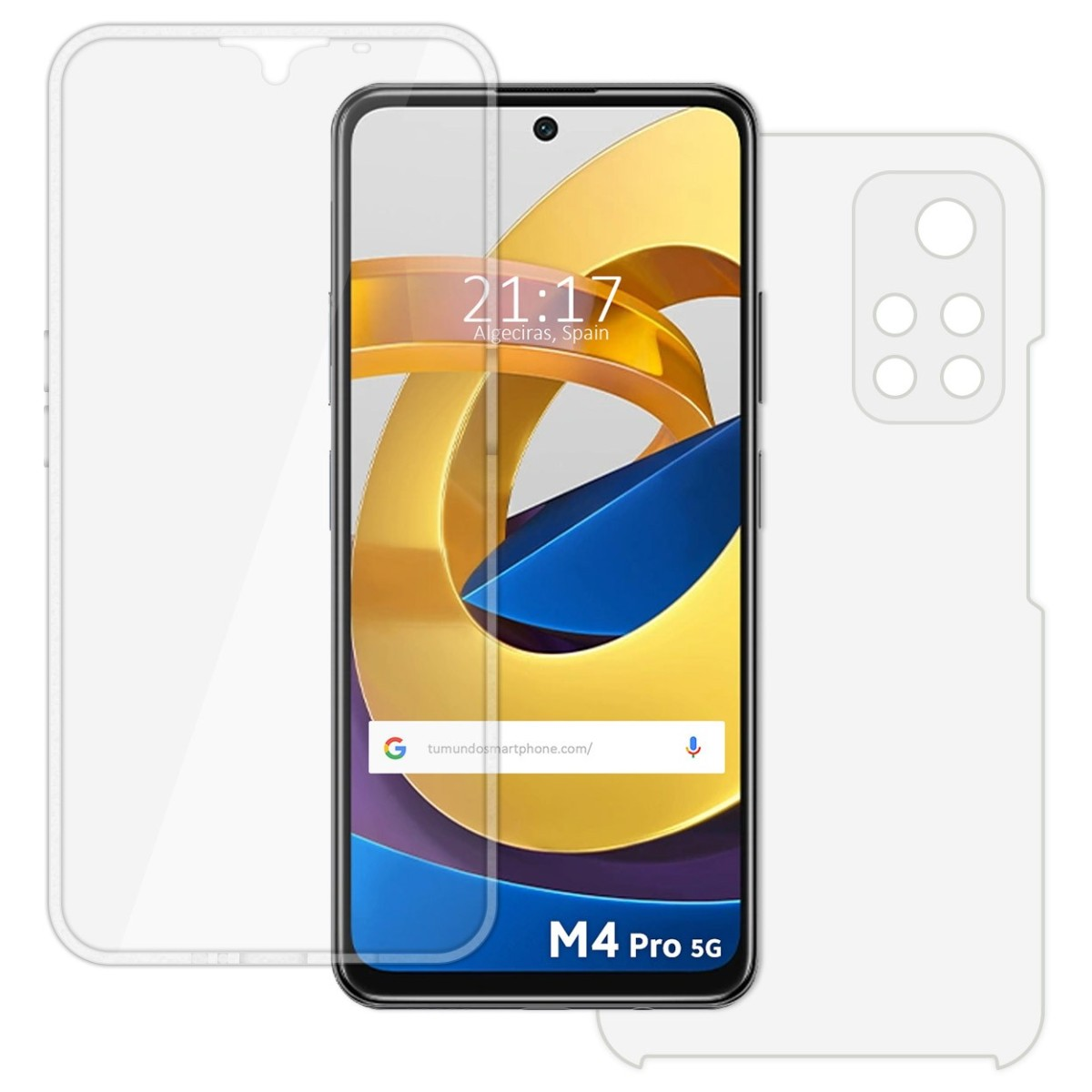 Telefono con protezione schermo e custodia trasparente. Lo schermo mostra uno sfondo blu.
