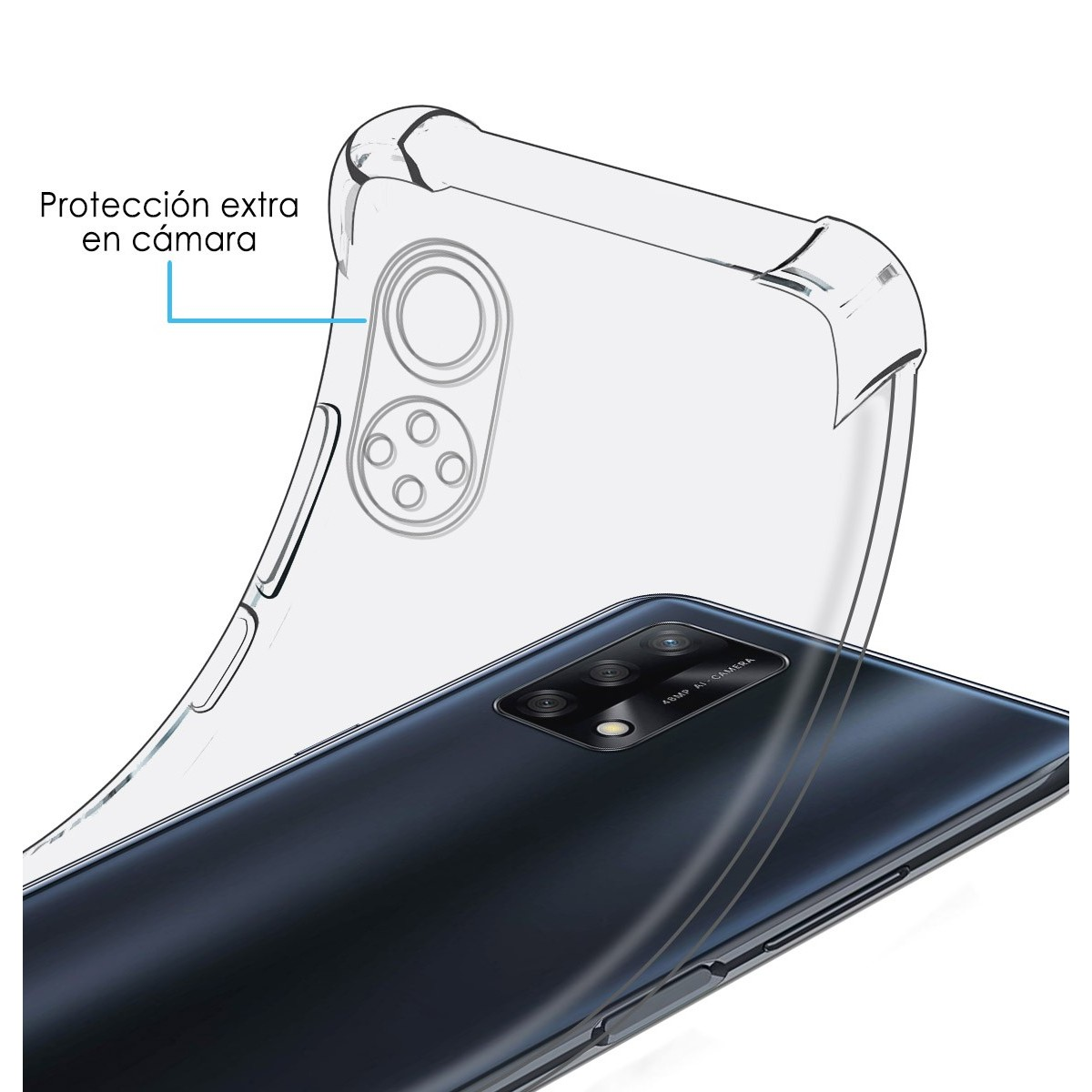 Funda transparente sobre un teléfono negro. El texto indica protección adicional para la cámara.