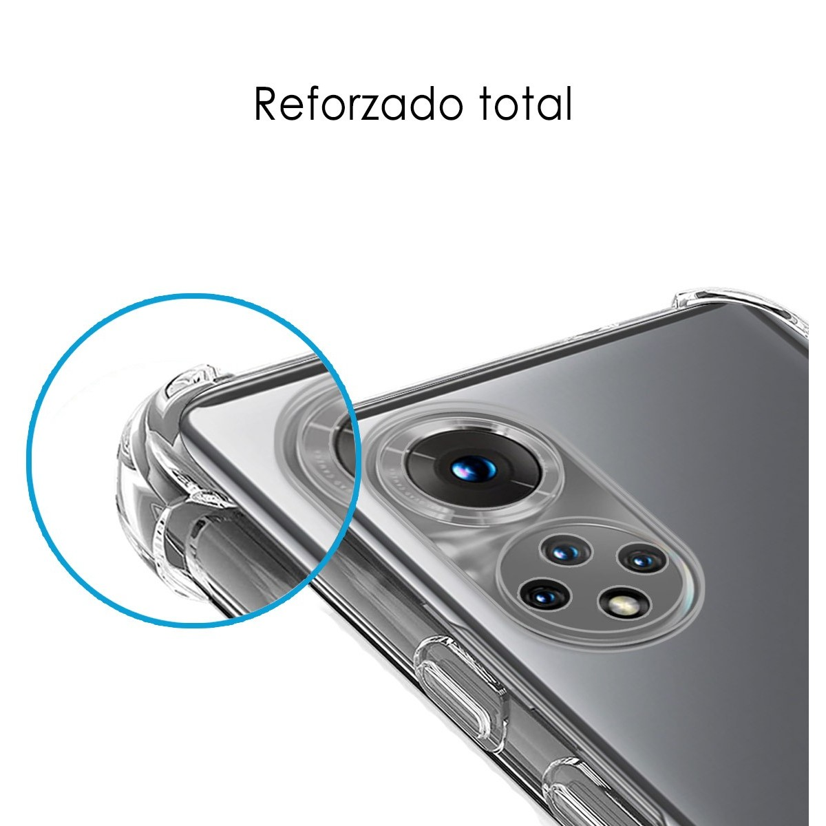 Primer plano de una funda de teléfono con diseño transparente y la frase 'Reforzado total'.
