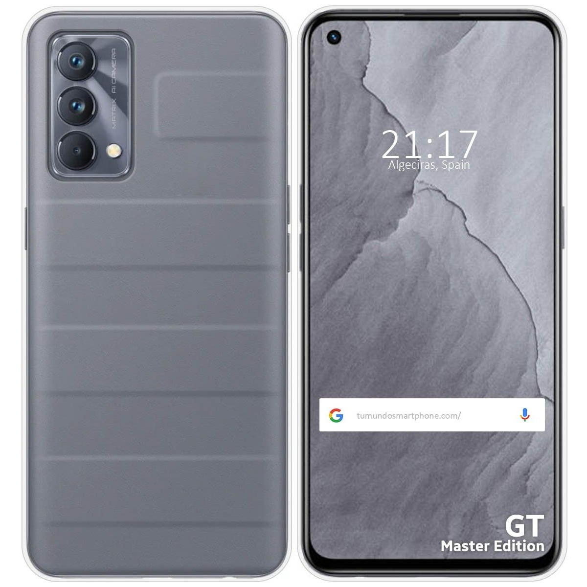 Funda de teléfono con diseño gris. La pantalla muestra la hora y un sitio web.
