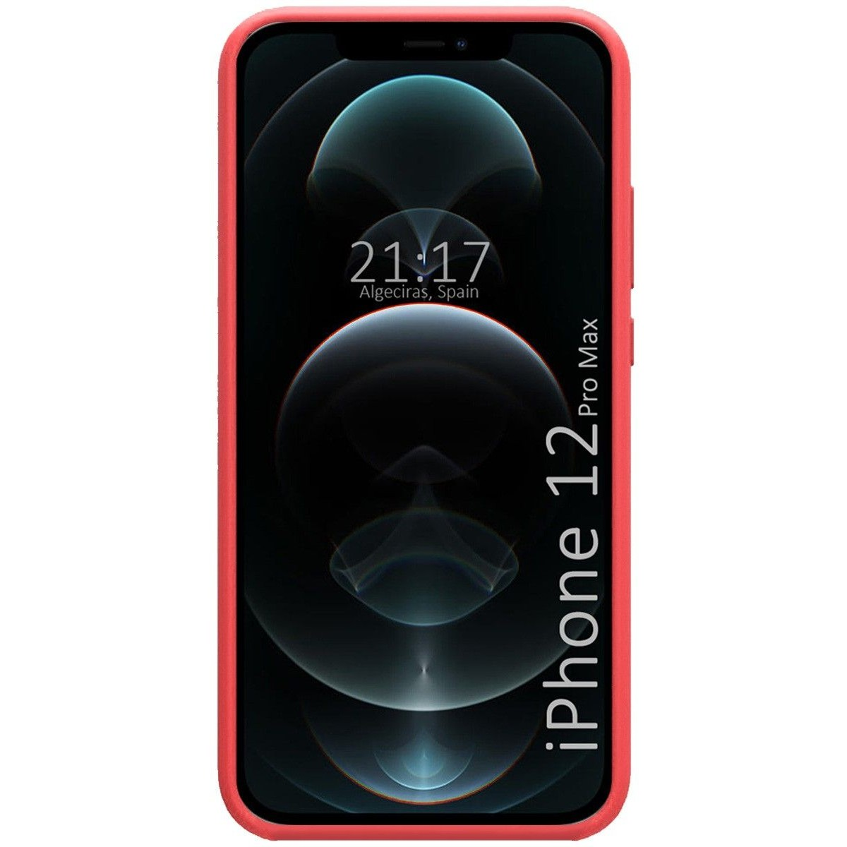iPhone 12 Pro Max in custodia rossa, lo schermo mostra una sfera nera e grigia.