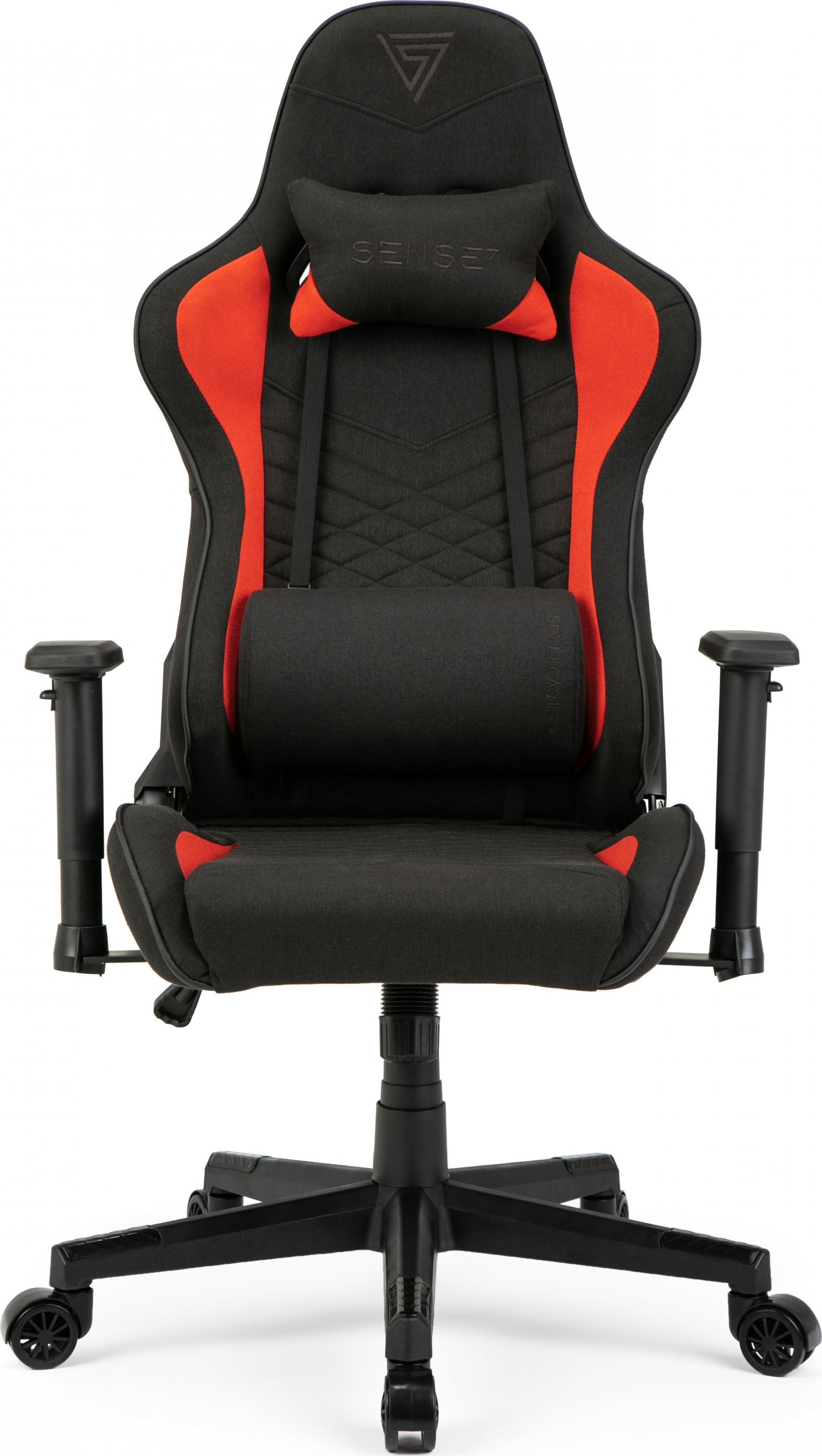 Gaming stoel, zwart met rode accenten. Hoofdsteun en lendensteun. Zwarte basis met wielen.