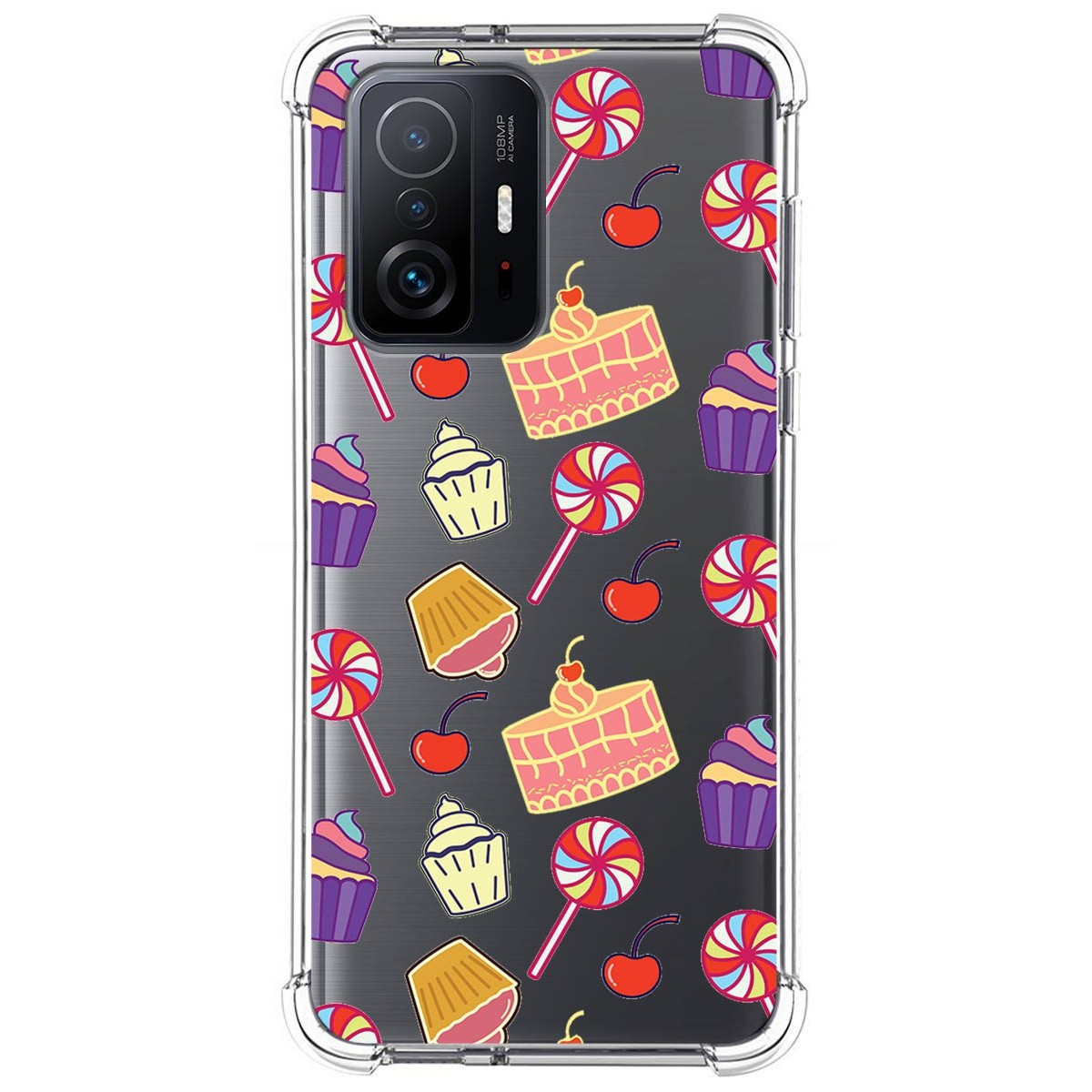 Funda de teléfono con un patrón de piruletas, magdalenas y cerezas.