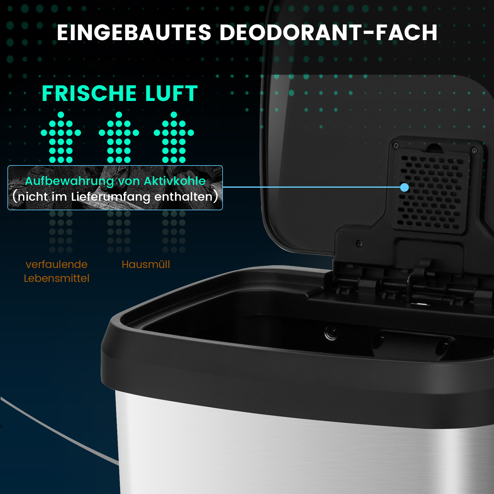 Nahaufnahme eines Edelstahl-Mülleimers mit eingebautem Deofach und Luftschlitzen.
