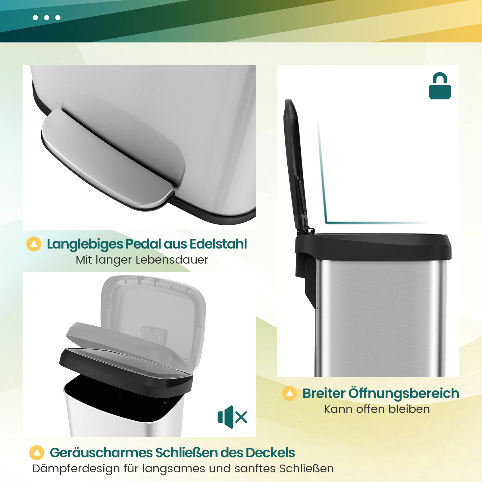 Mehrere Ansichten eines Edelstahl-Mülleimers mit Deckeldetails und Beschreibungen.