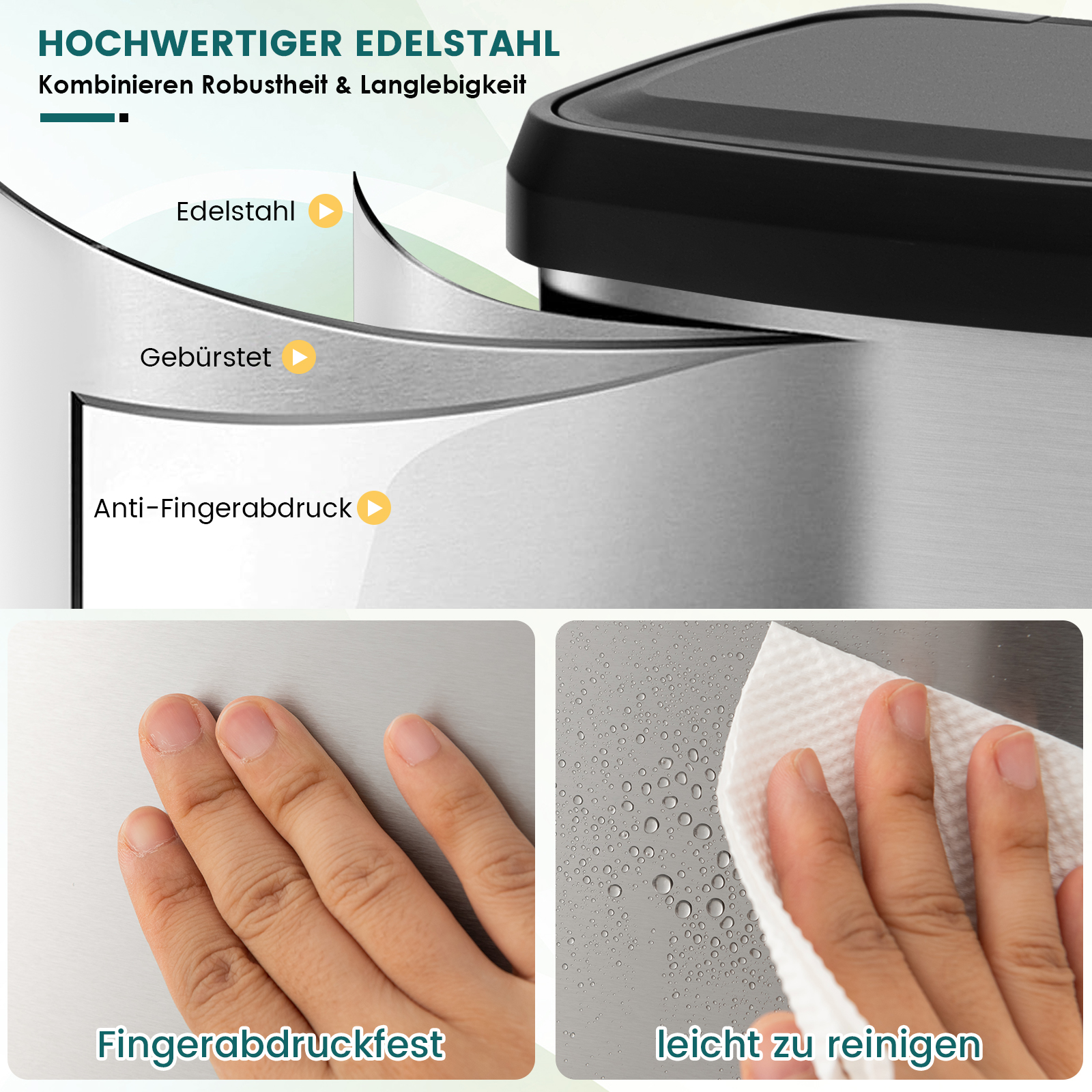 Nahaufnahme einer Edelstahlfläche; Etiketten heben Funktionen wie Fingerabdruckschutz und einfache Reinigung hervor.