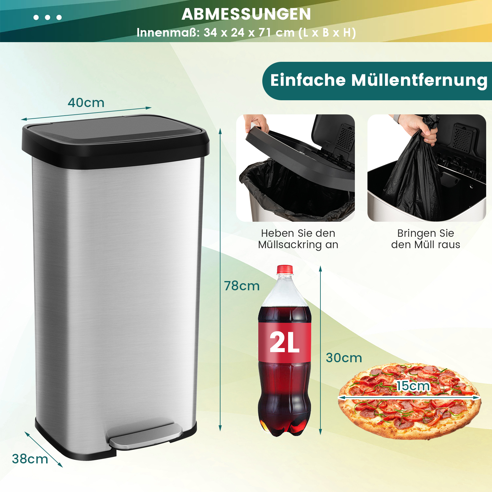 Edelstahl-Mülleimer mit Abmessungen, Pizza und Getränk.