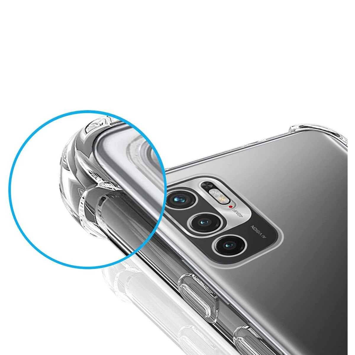 Un primo piano di una custodia per telefono con un modulo fotocamera, evidenziato da un cerchio blu.