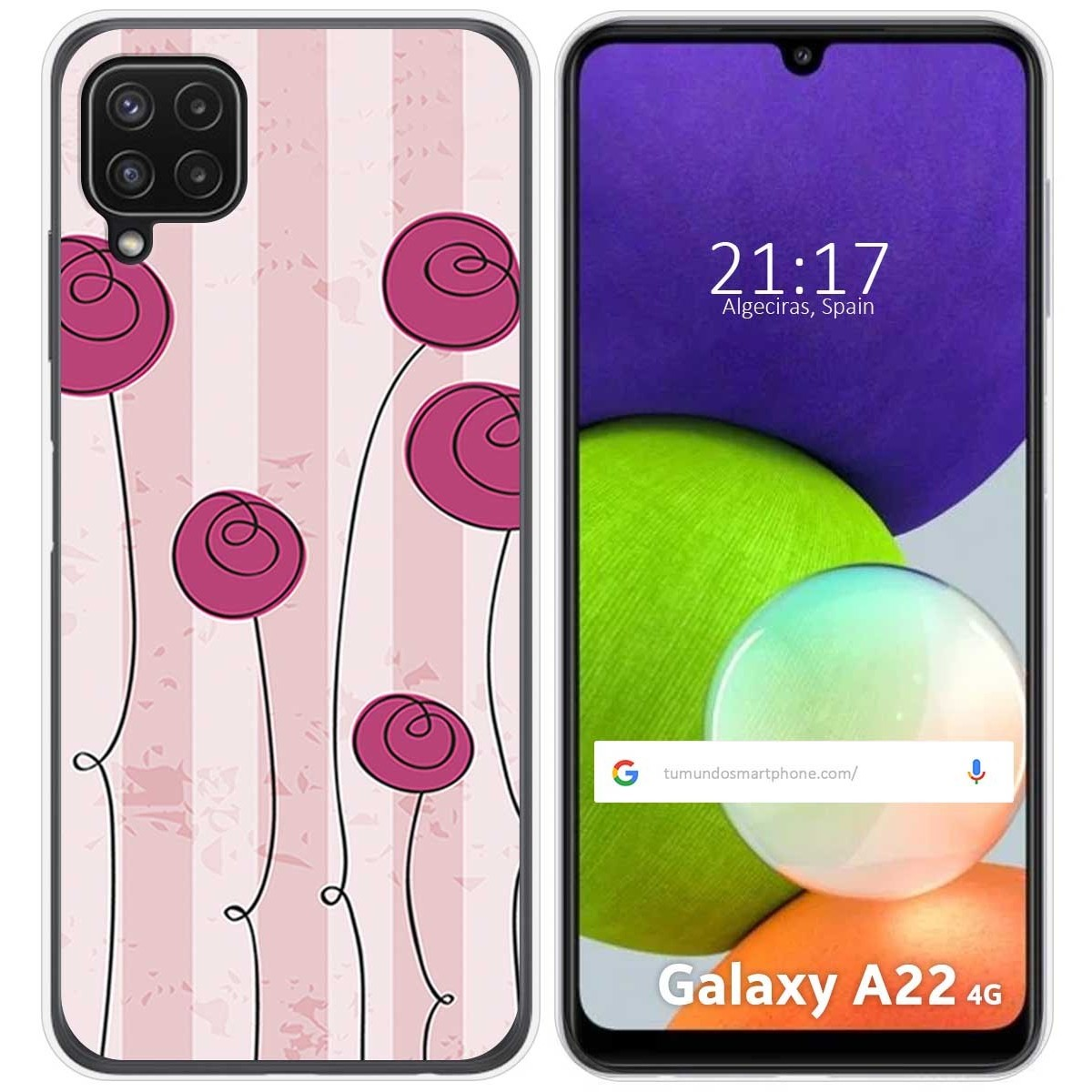 Una funda de teléfono con un diseño floral. La pantalla muestra la hora, modelo Galaxy A22 4G.