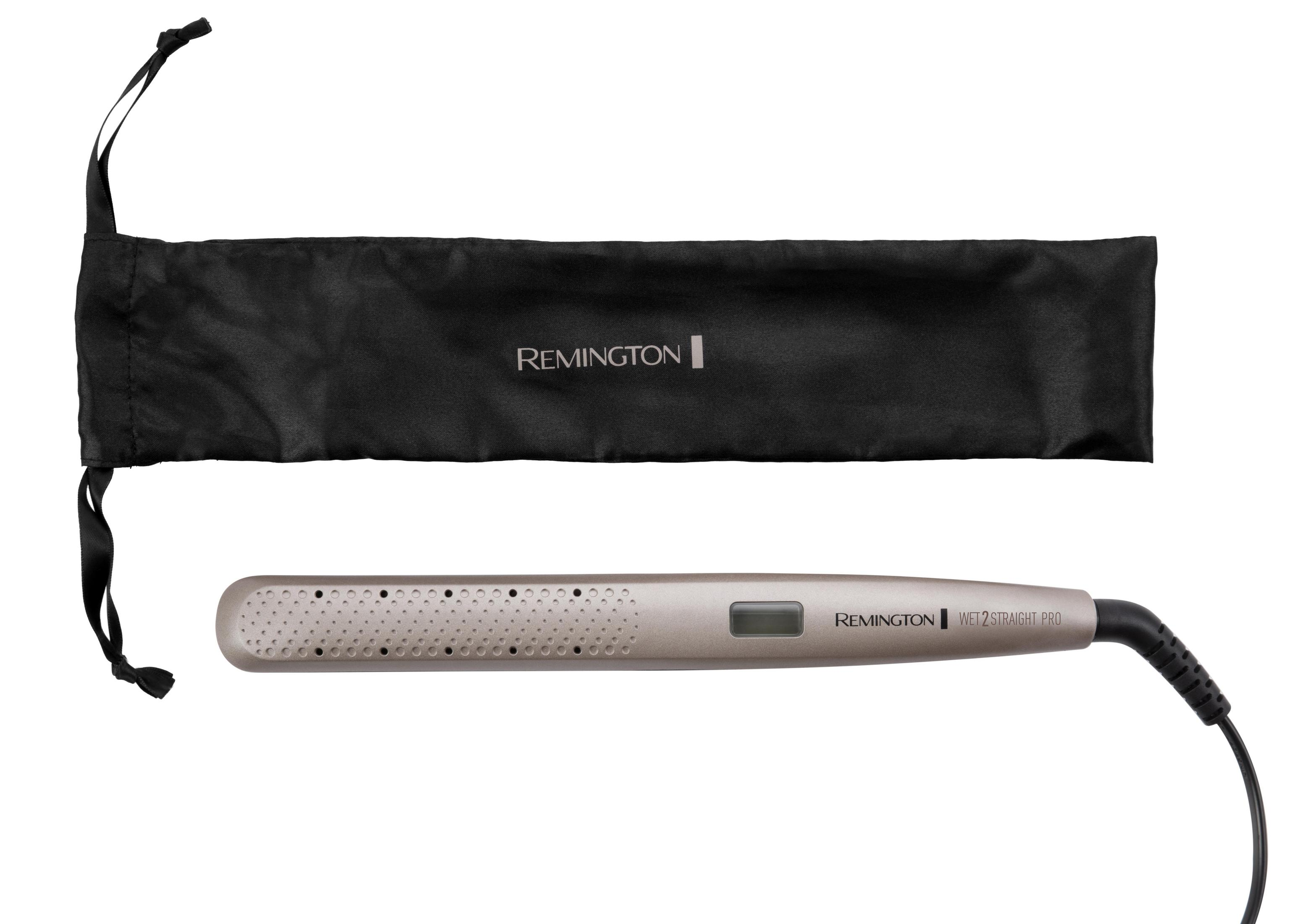 Una piastra per capelli Remington argentata con custodia nera è su una superficie bianca.