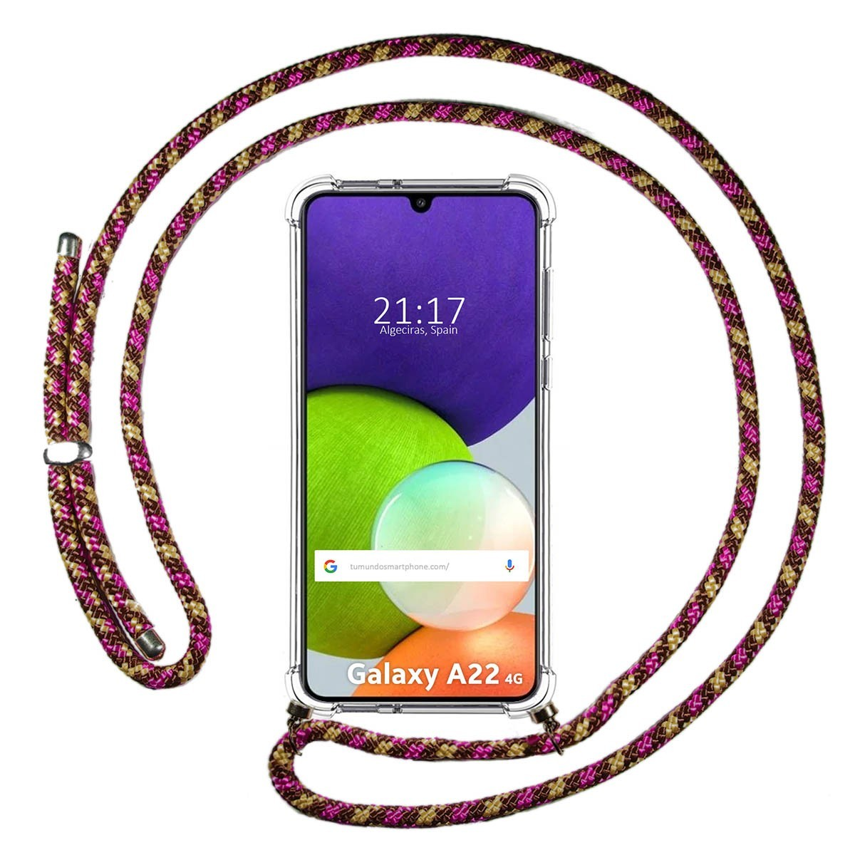 Telefono con cinturino in corda rosa e marrone. Lo schermo mostra l'ora e un indirizzo web.