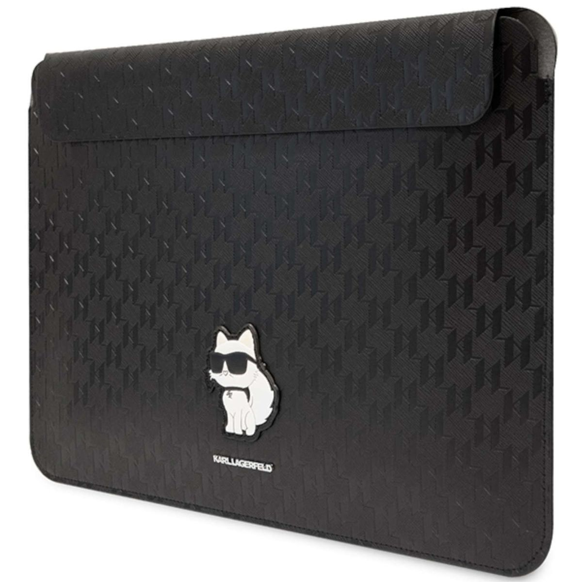 Custodia nera per laptop con logo di un gatto con occhiali da sole.