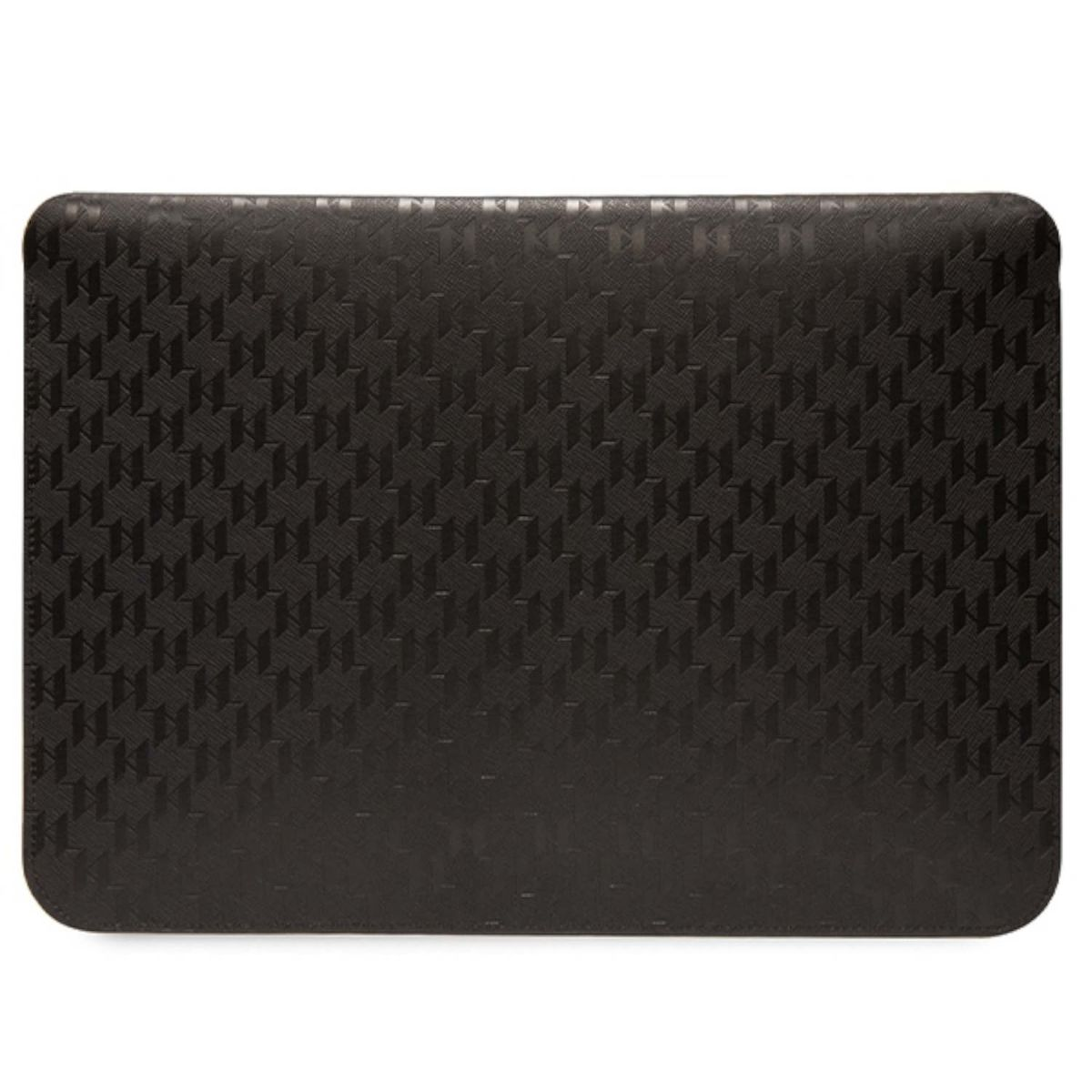 Custodia per laptop nera con un motivo ripetuto. Il motivo è un piccolo design ad incastro, su bianco.