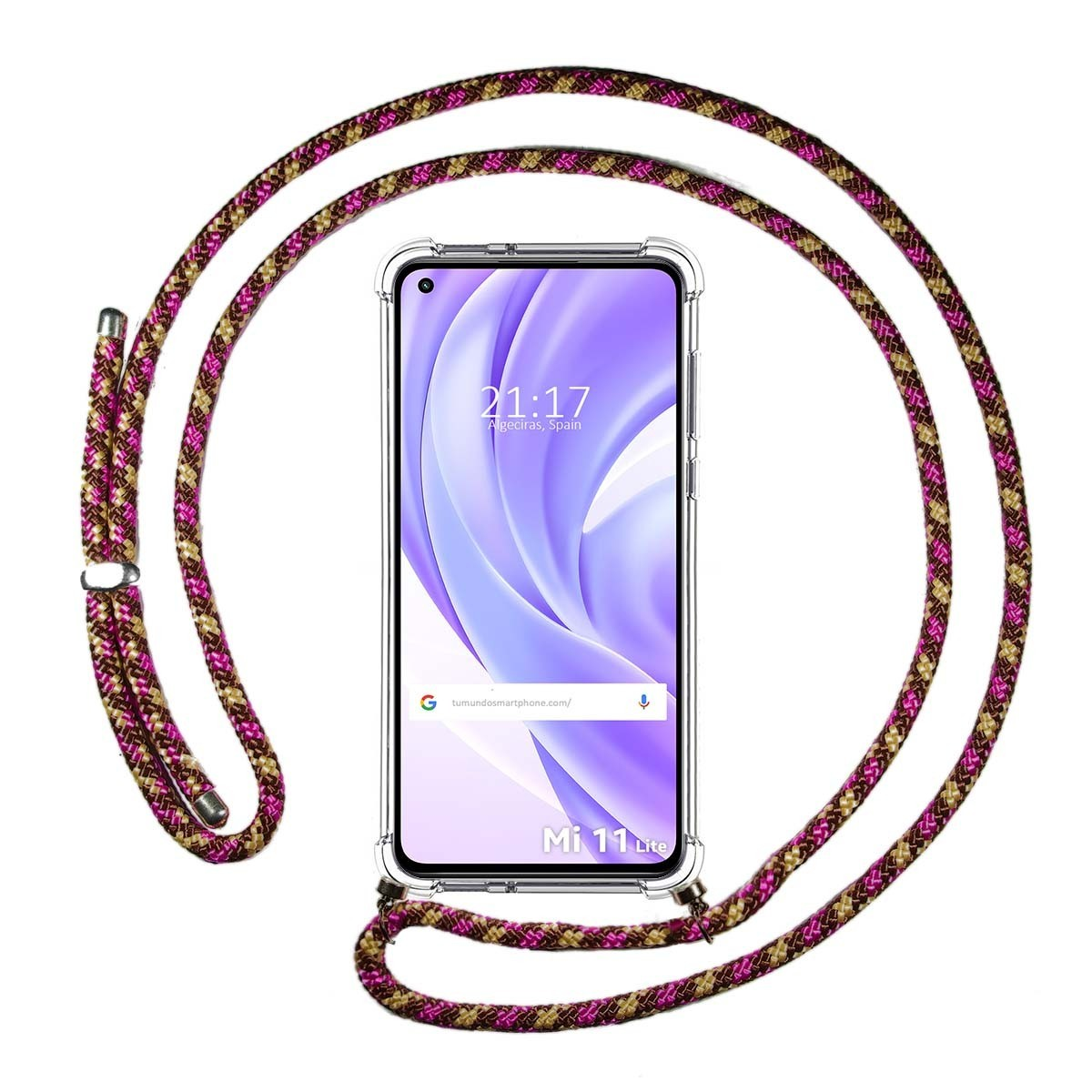 Telefono con custodia trasparente e cordino. Il telefono è un Mi 11 lite.
