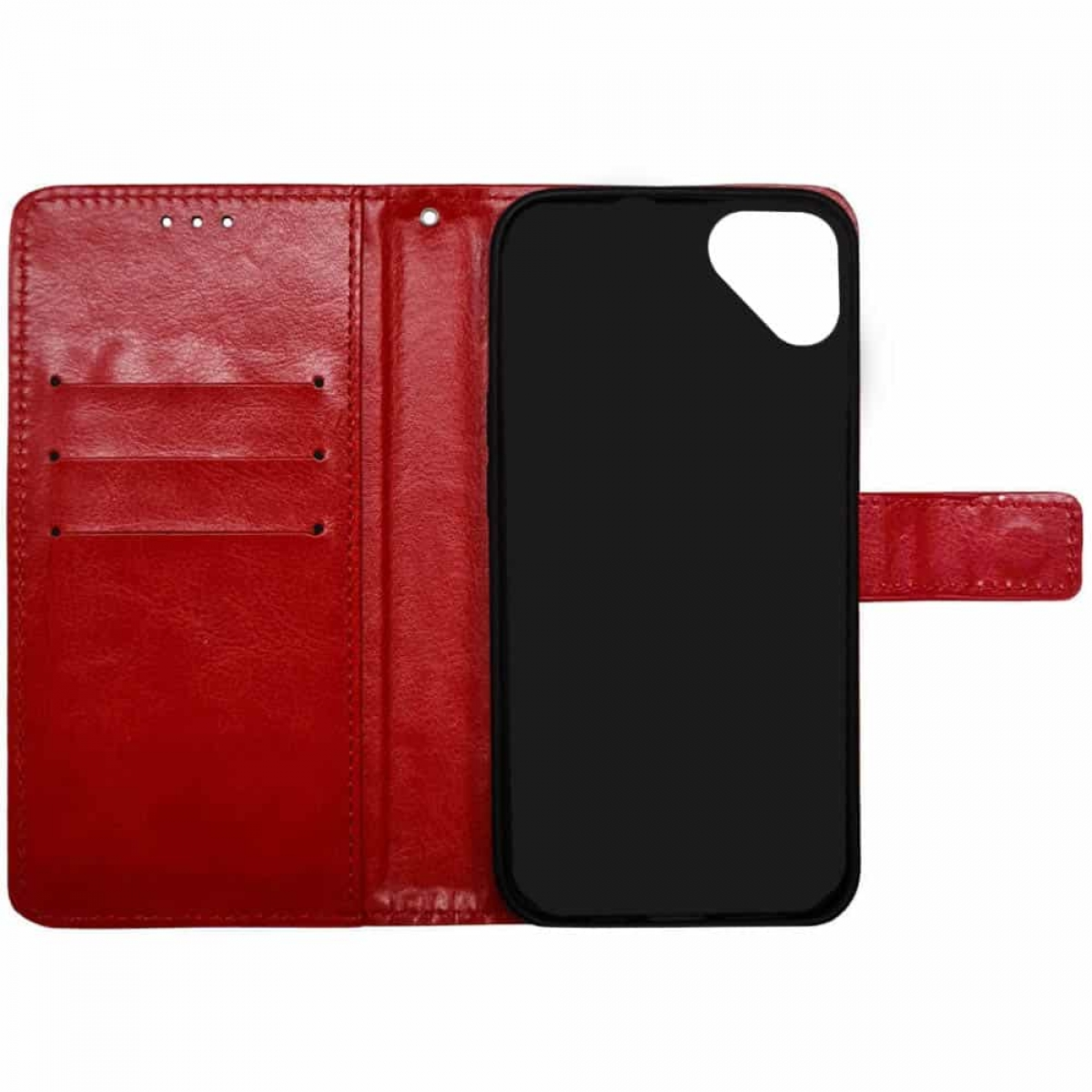 Rotes Leder-Wallet-Case für ein Telefon. Der Telefonhalter ist schwarz. Innen befinden sich drei Kartenfächer.