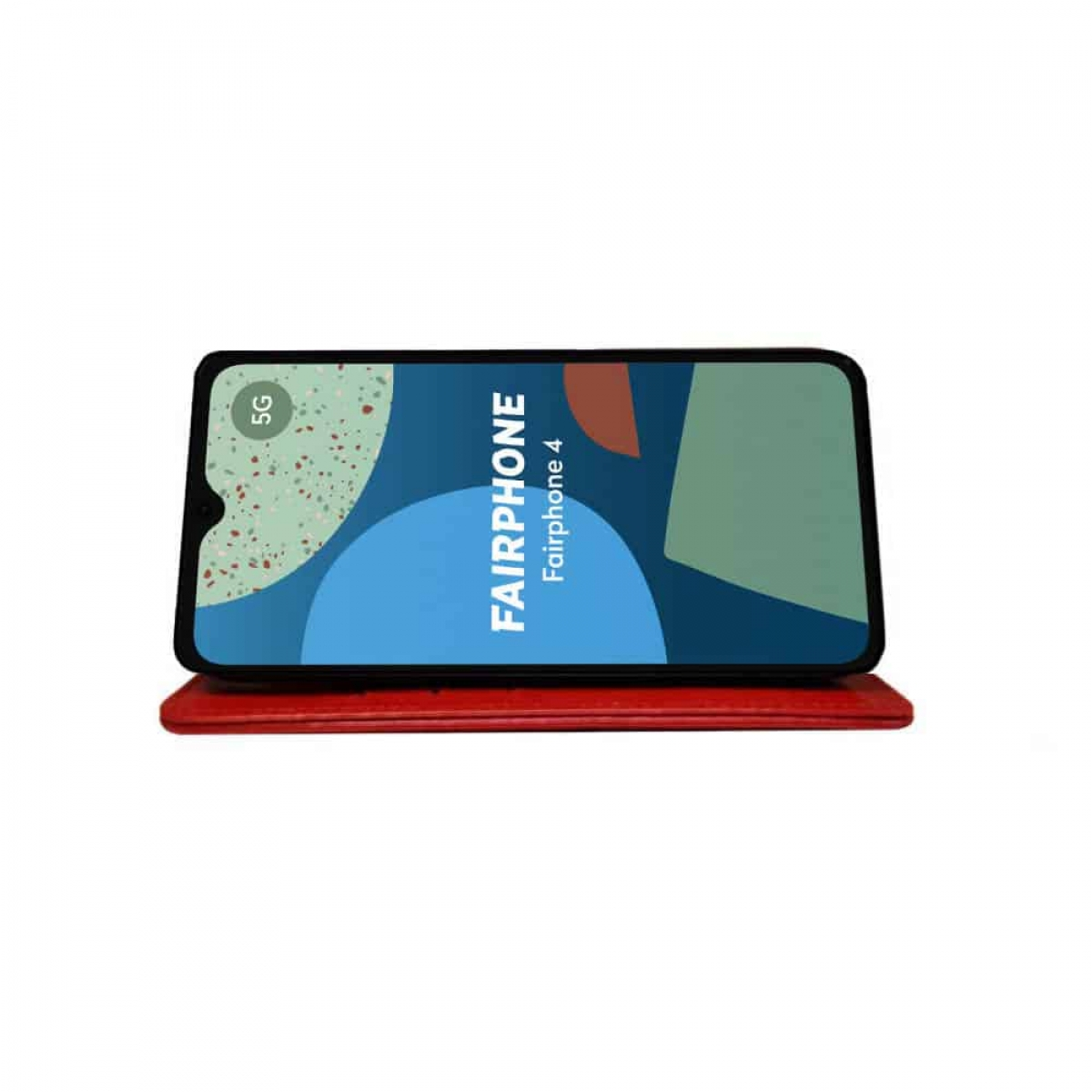 Fairphone 4 auf roter Basis. Der Bildschirm zeigt das Fairphone-Logo.