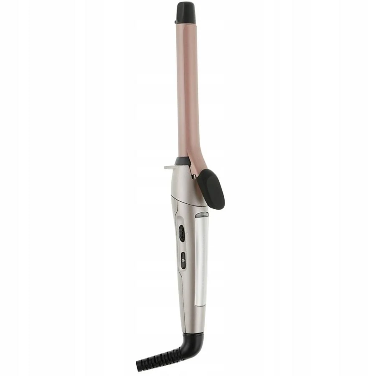 Lokówka z różowo-złotą lufą i czarną rączką, na białym tle.