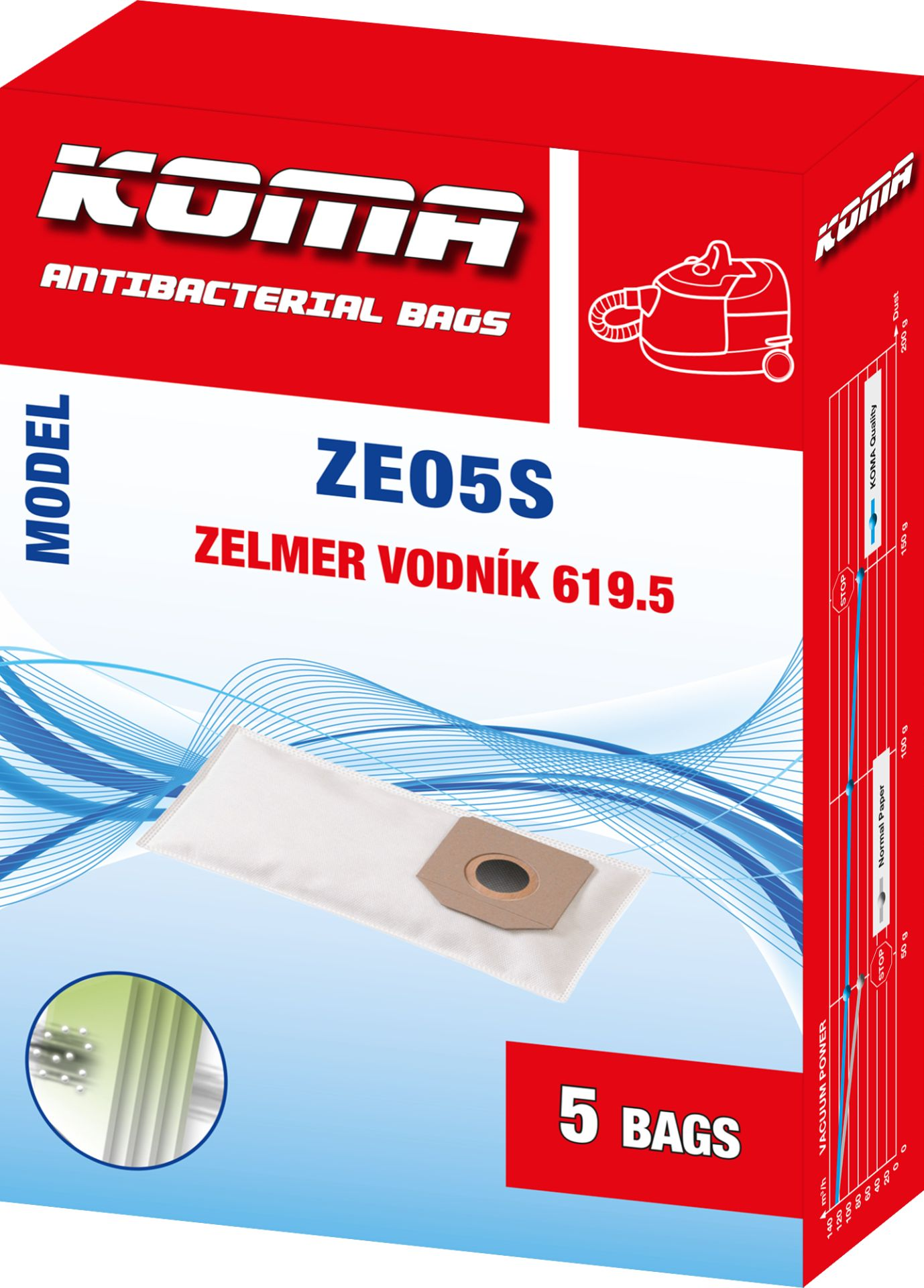 Karton mit antibakteriellen Koma-Staubsaugerbeuteln mit Staubsauger-Grafik.