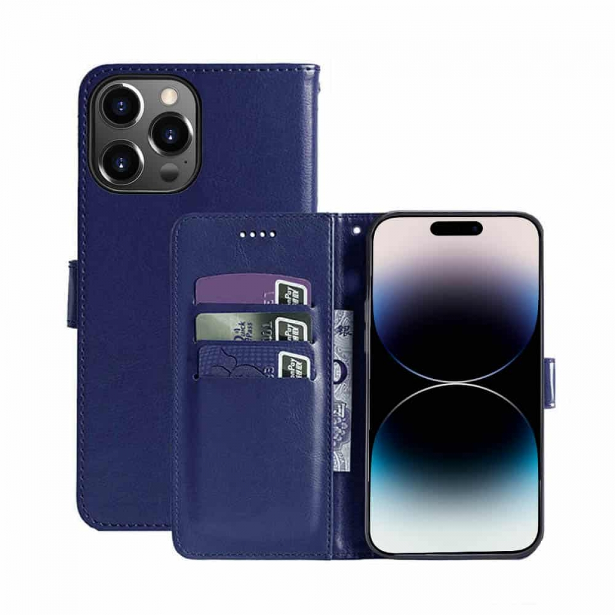 Blaue Leder-Handyhülle offen, zeigt Telefon und Kartenfächer.