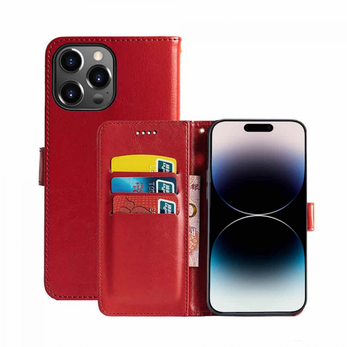 Rote Leder-Handyhülle, die sich öffnet, um ein Telefon und Kartenfächer freizugeben. Das Telefon hat eine Kamera.
