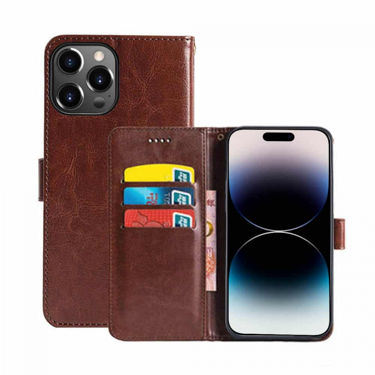 Braune iPhone-Geldbörsenhülle aus Leder. Sie hält das Telefon und Karten mit Magnetverschluss.