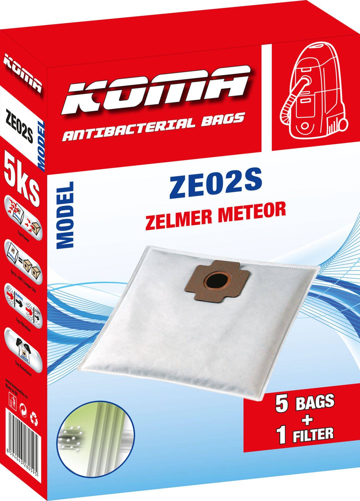 Staubsaugerbeutel-Box mit Text 'ZE02S ZELMER METEOR' und einem Bild eines Staubsaugers.