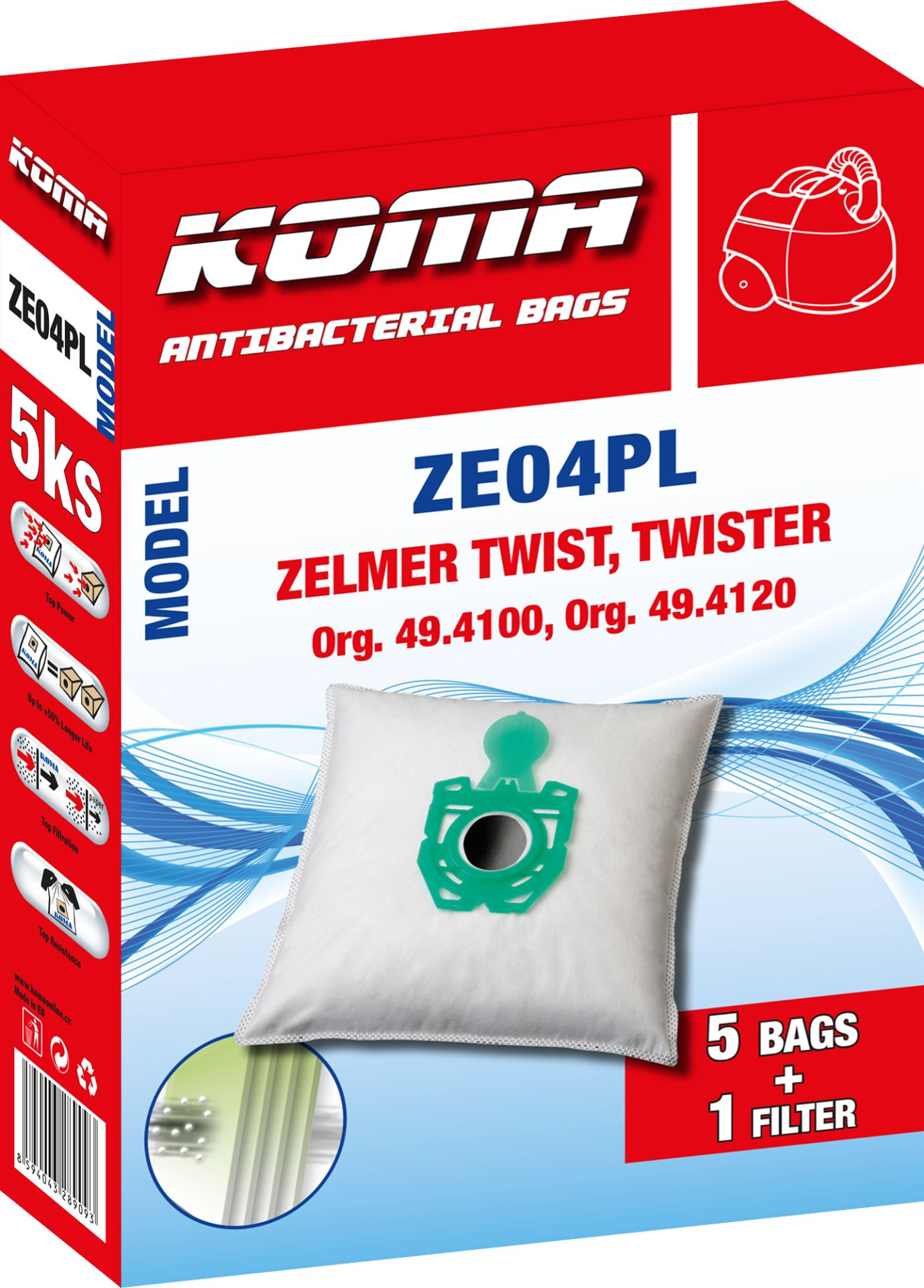 Karton mit Staubsaugerbeuteln. Rote Box mit Text und einem Bild eines Staubsaugers.