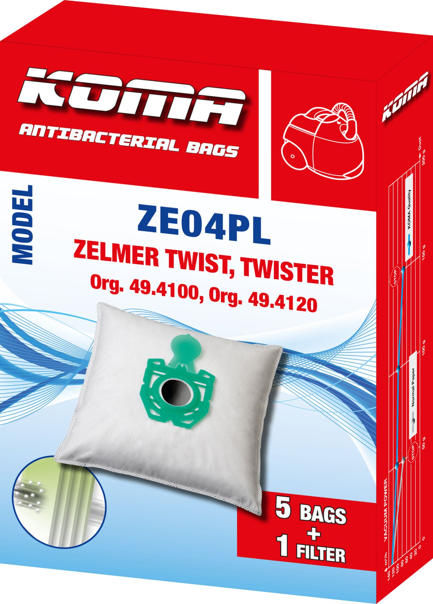 Box mit Staubsaugerbeuteln mit der Aufschrift 'KOMA Antibakterielle Beutel' mit Produktdetails und Filter enthalten.