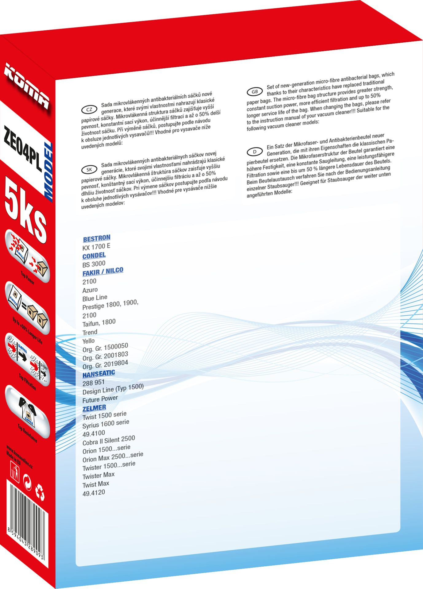 Rückseite einer Staubsaugerbeutelbox mit Text in mehreren Sprachen, weißer Hintergrund.