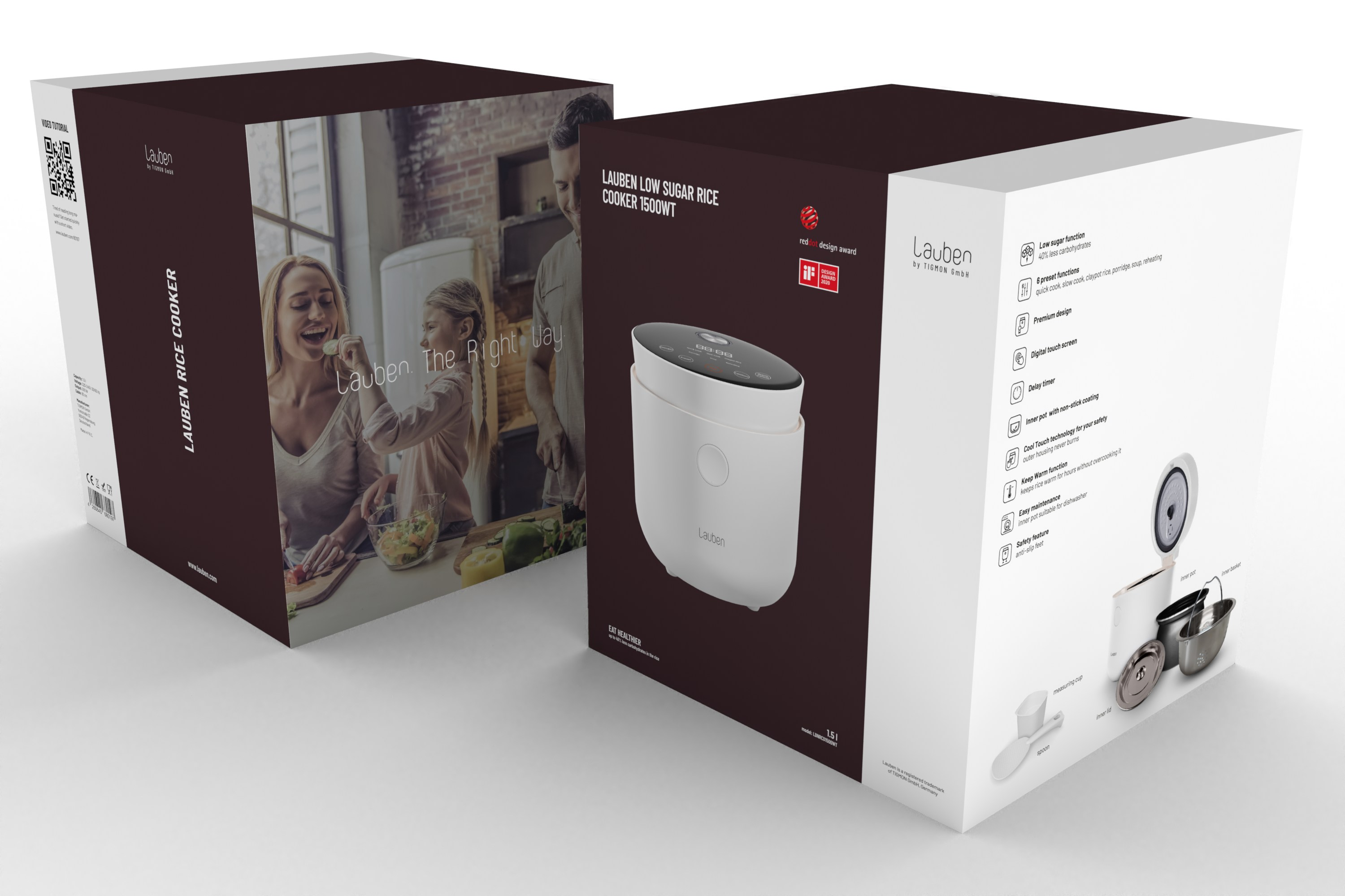 Dwa pudełka z produktami do urządzenia do gotowania ryżu, pokazujące produkt i zdjęcia stylu życia. Białe tło.