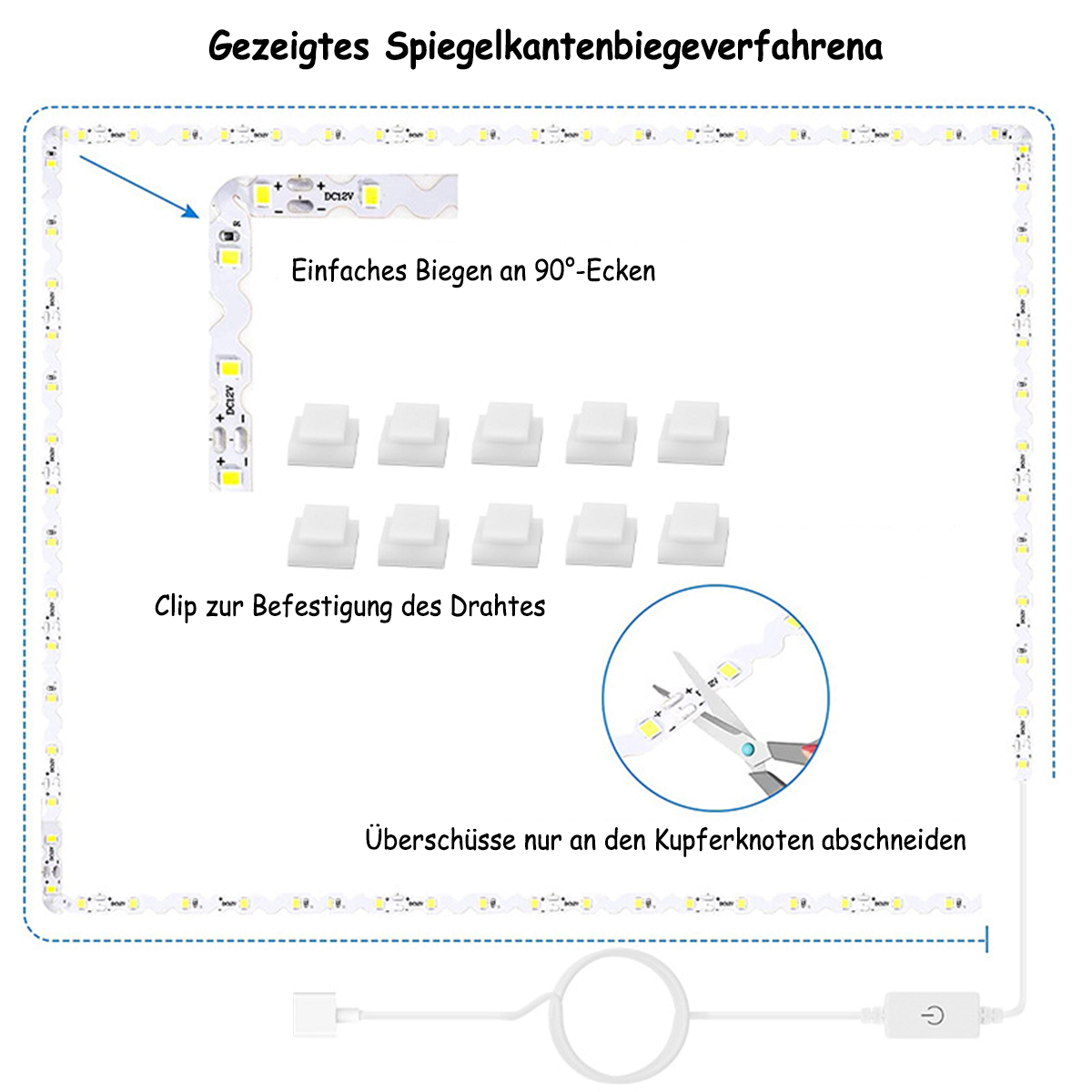 Ein Overhead-Diagramm der LED-Streifen-Installation mit Pfeilen, Text und einer Schere. Der Hintergrund ist weiß.