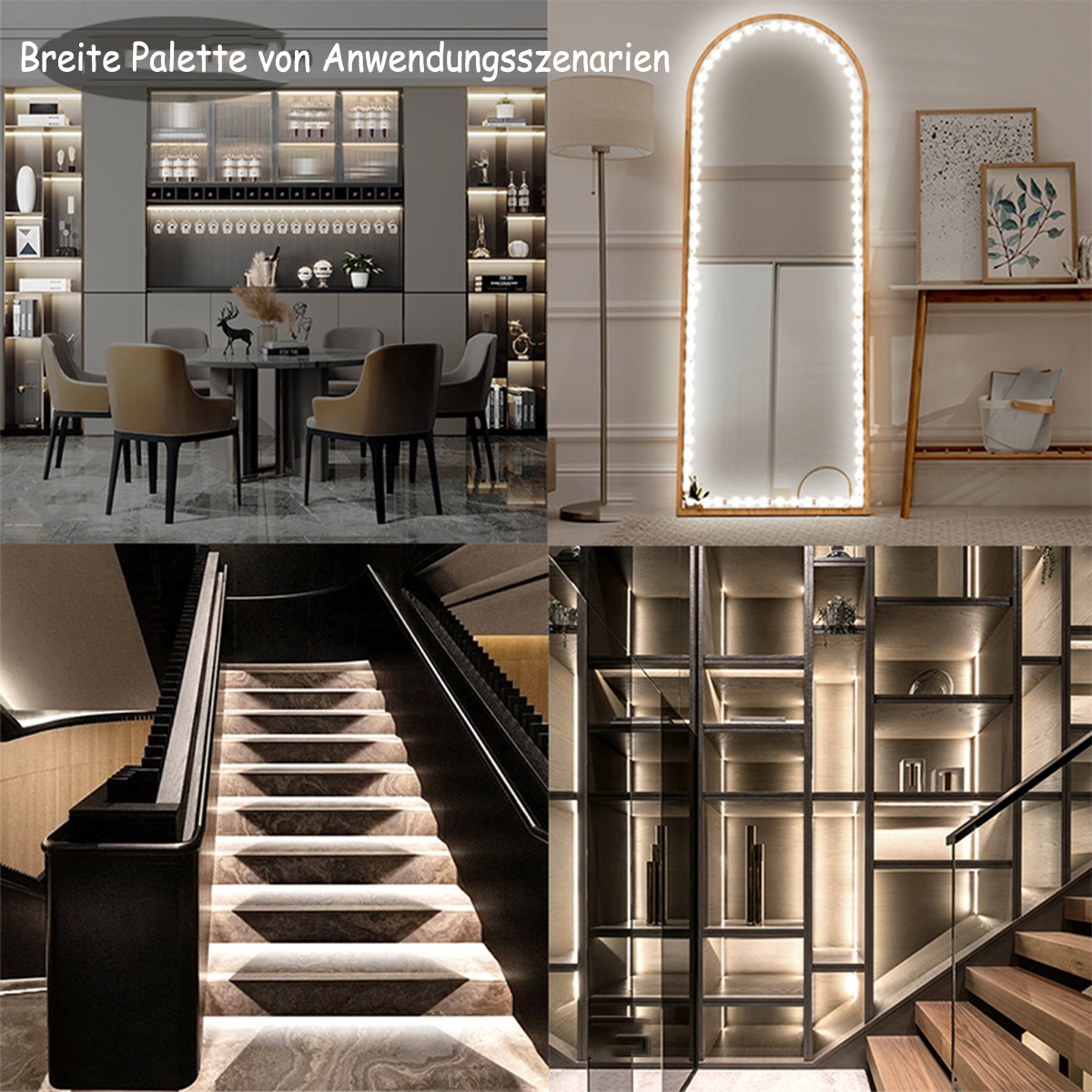 Mehrere Innenbeleuchtungsszenen: Essbereich, Treppen und Regale mit LED-Beleuchtung.